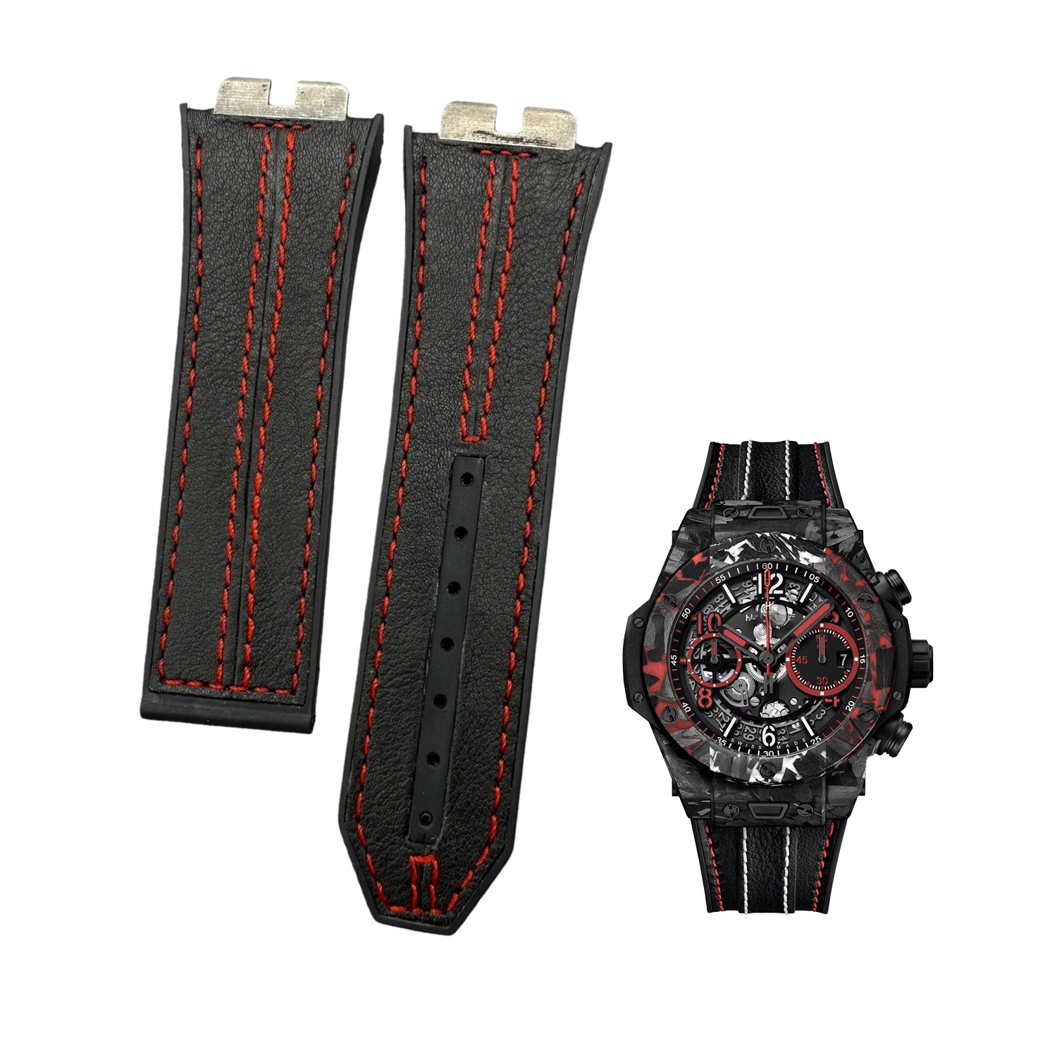 Handcrafted Custom Strap for Hublot 411 - Black Plain Cowhide with Red Hand-Sewn Rubber Inlay