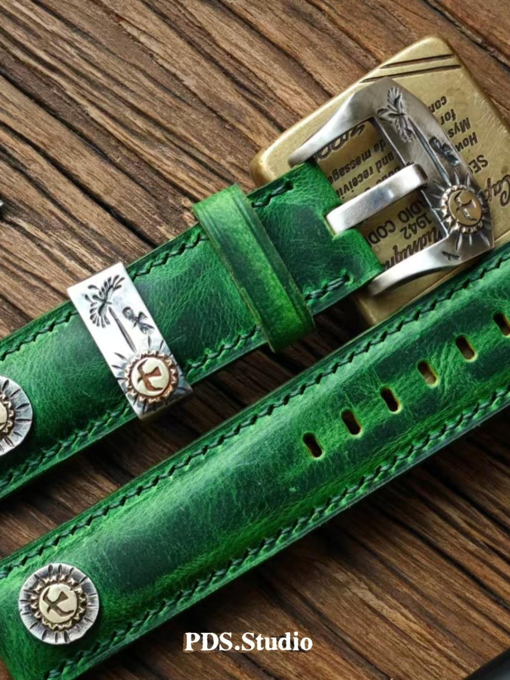 Handmade Custom Kudu Leather Watch Strap - Vintage Green, American Raised Texture, Pin Buckle, Extended Length