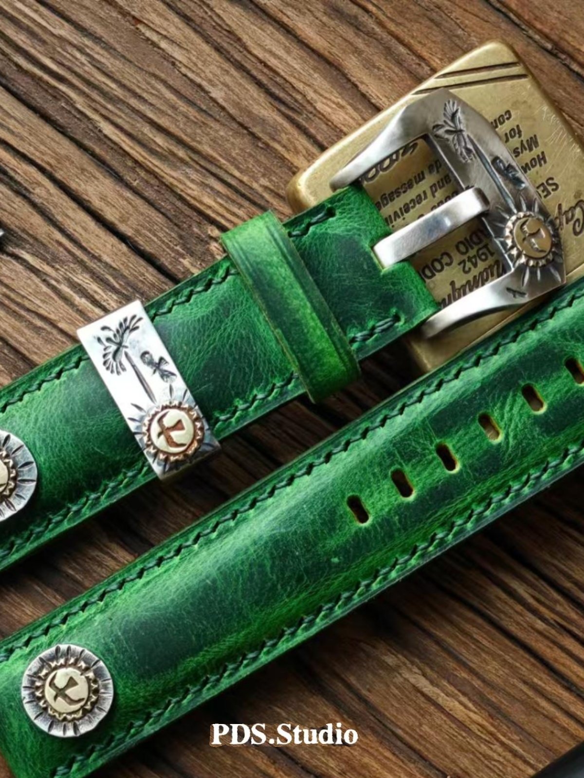 Handmade Custom Kudu Leather Watch Strap - Vintage Green, American Raised Texture, Pin Buckle, Extended Length