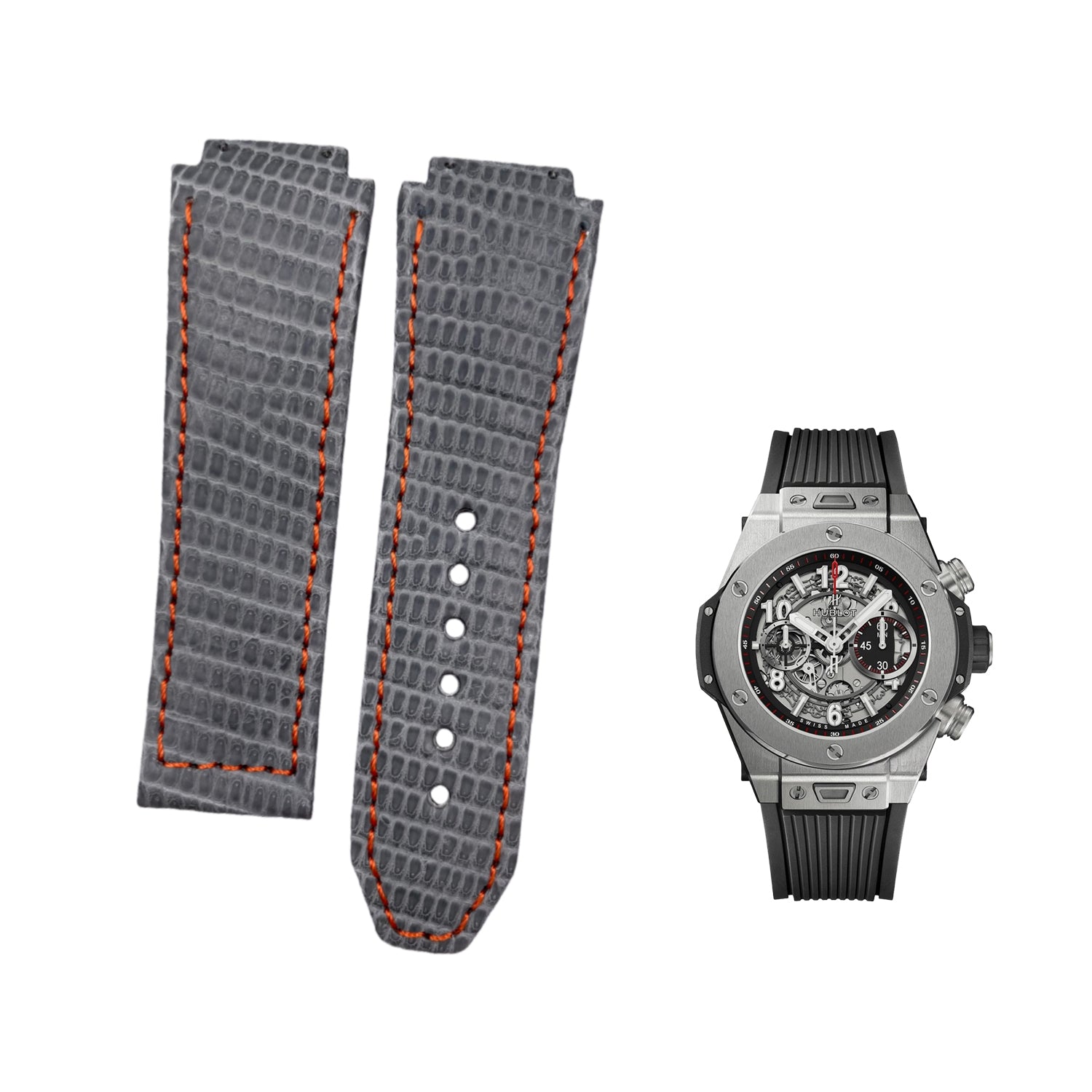 Compatible with Hublot Big Bang Classic Fusion Grey Lizard Leather Folding Genuine Leather Strap