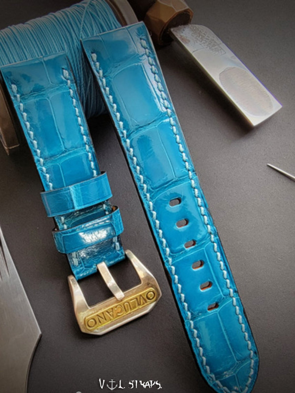 Handmade High-Gloss American Crocodile Leather Watch Strap - Custom Milk White Color, Waterproof, Thickened & Soft - Original Blue