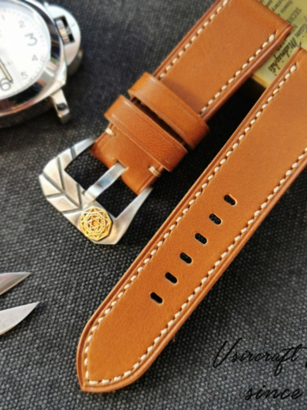 Handmade Custom Light Brown Tan Italian Leather Watch Strap - Vintage American Style, Soft, Thickened, Durable, Pin Buckle