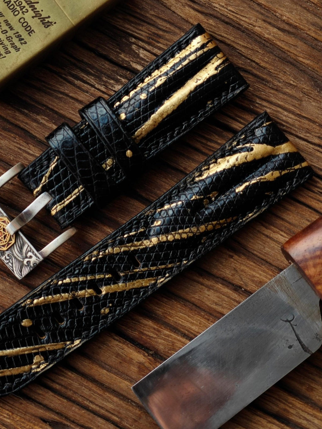 Handmade Custom Spanish Gilt Lizard Skin Watch Strap - Waterproof, Sweat-Resistant, Raised Texture, Black Pin Buckle