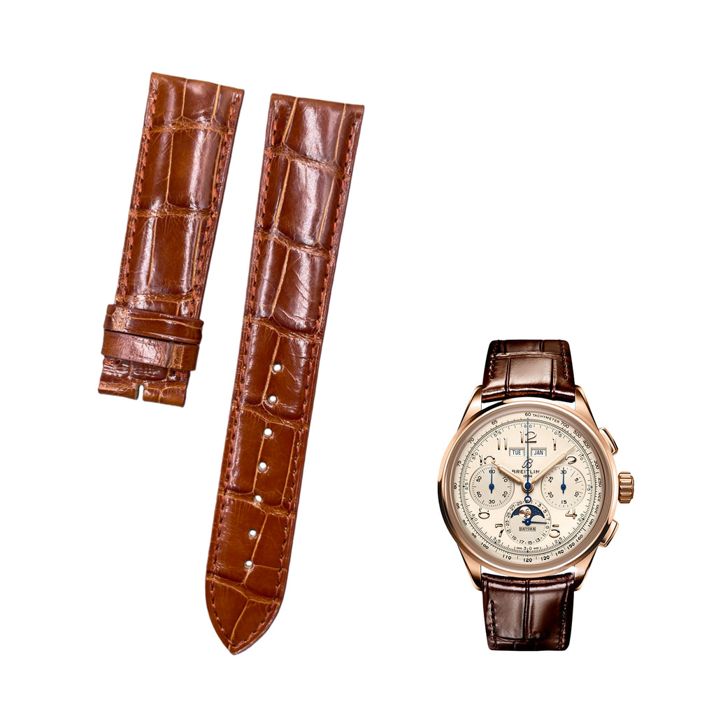 Custom Handcrafted HIGH-GLOSS BROWN ALLIGATOR Leather Strap for Breitling Premier Collection