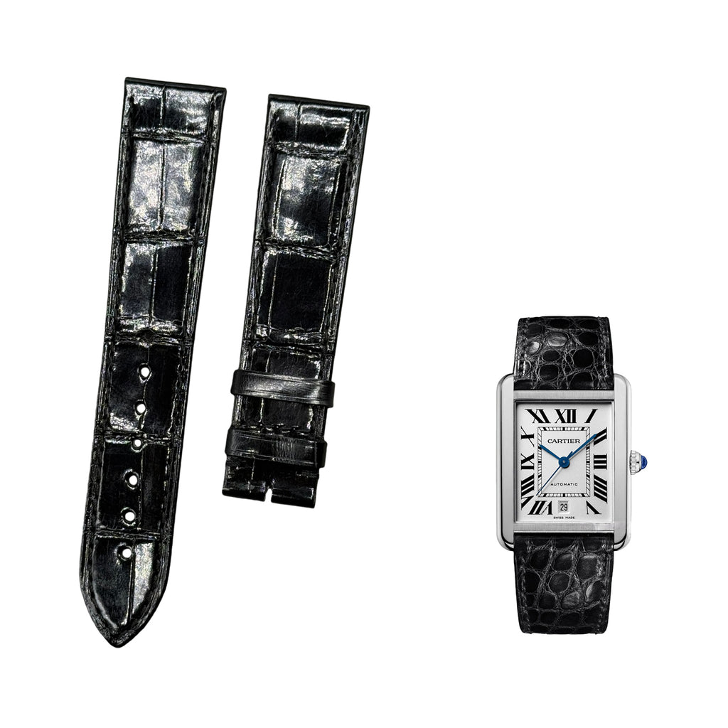 Custom Handmade Black Glossy Alligator Leather Watch Strap for Cartier Tank London W5200005