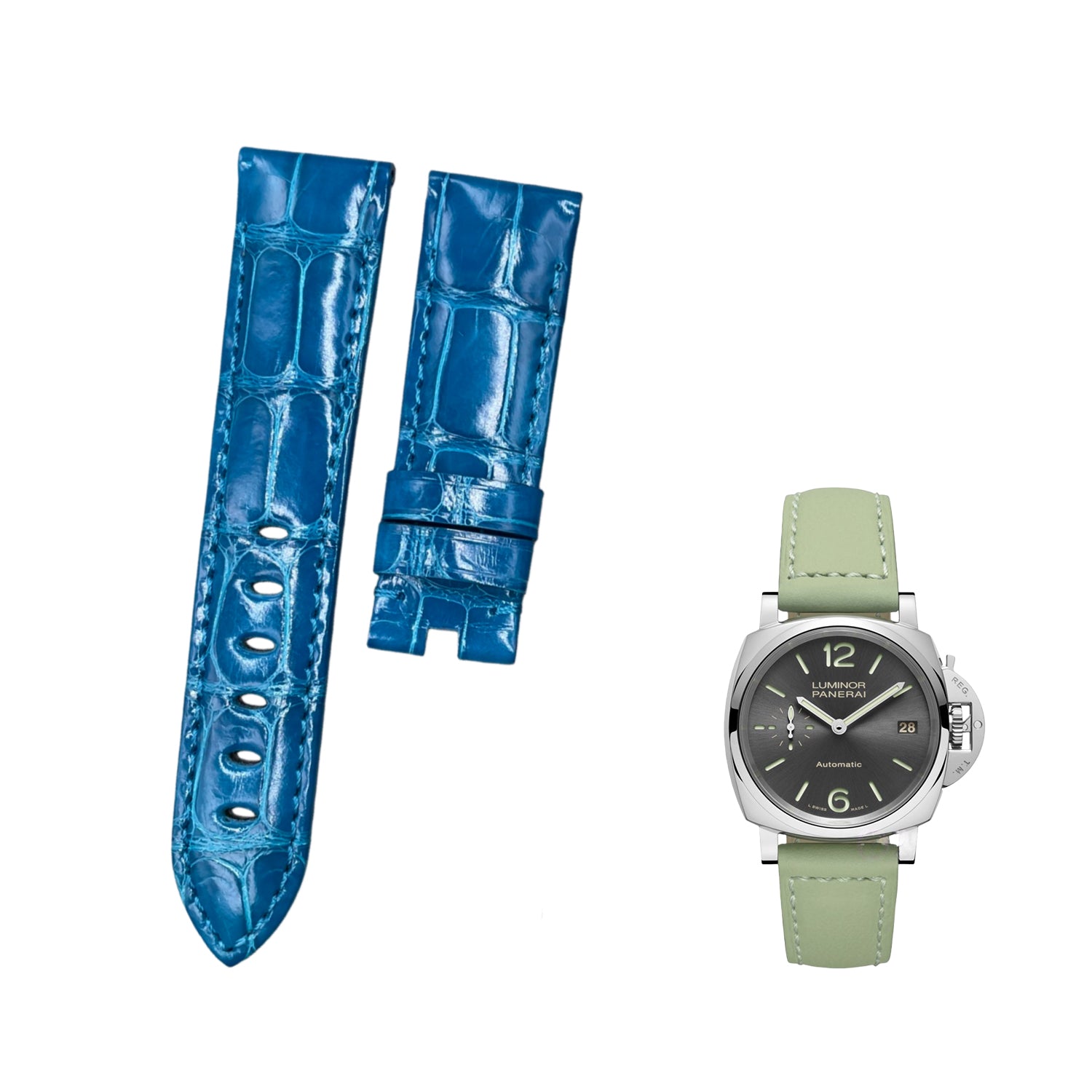Custom Handmade Glossy Blue Alligator Leather Watch Strap for Panerai Luminor Due Series (Model: PAM00755, Women's Version)