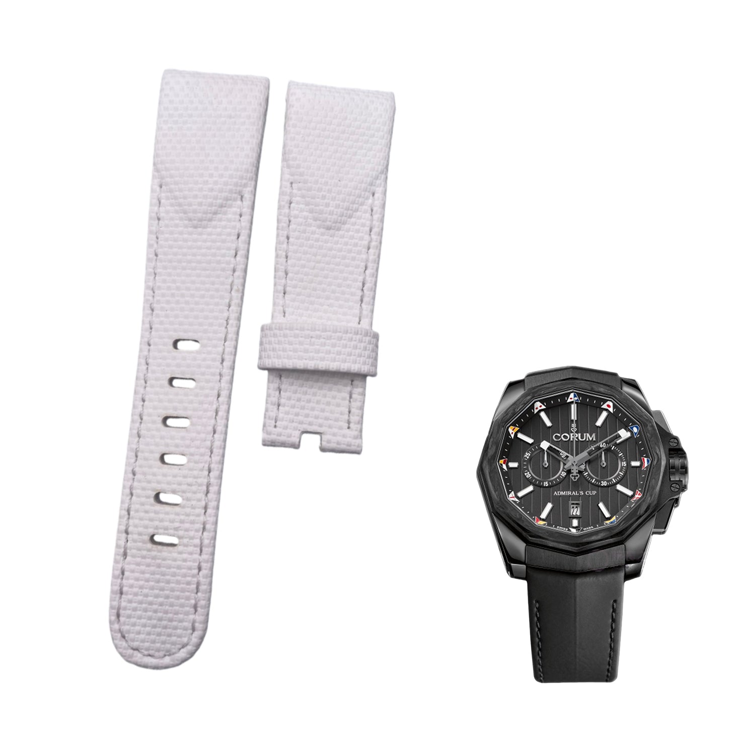Fits Corum Admiral's Cup Legend 42 Chrono 116.101.36/0F61AN20 White Nylon Fluororubber Handmade Custom Rubber Watch Strap with End Grain