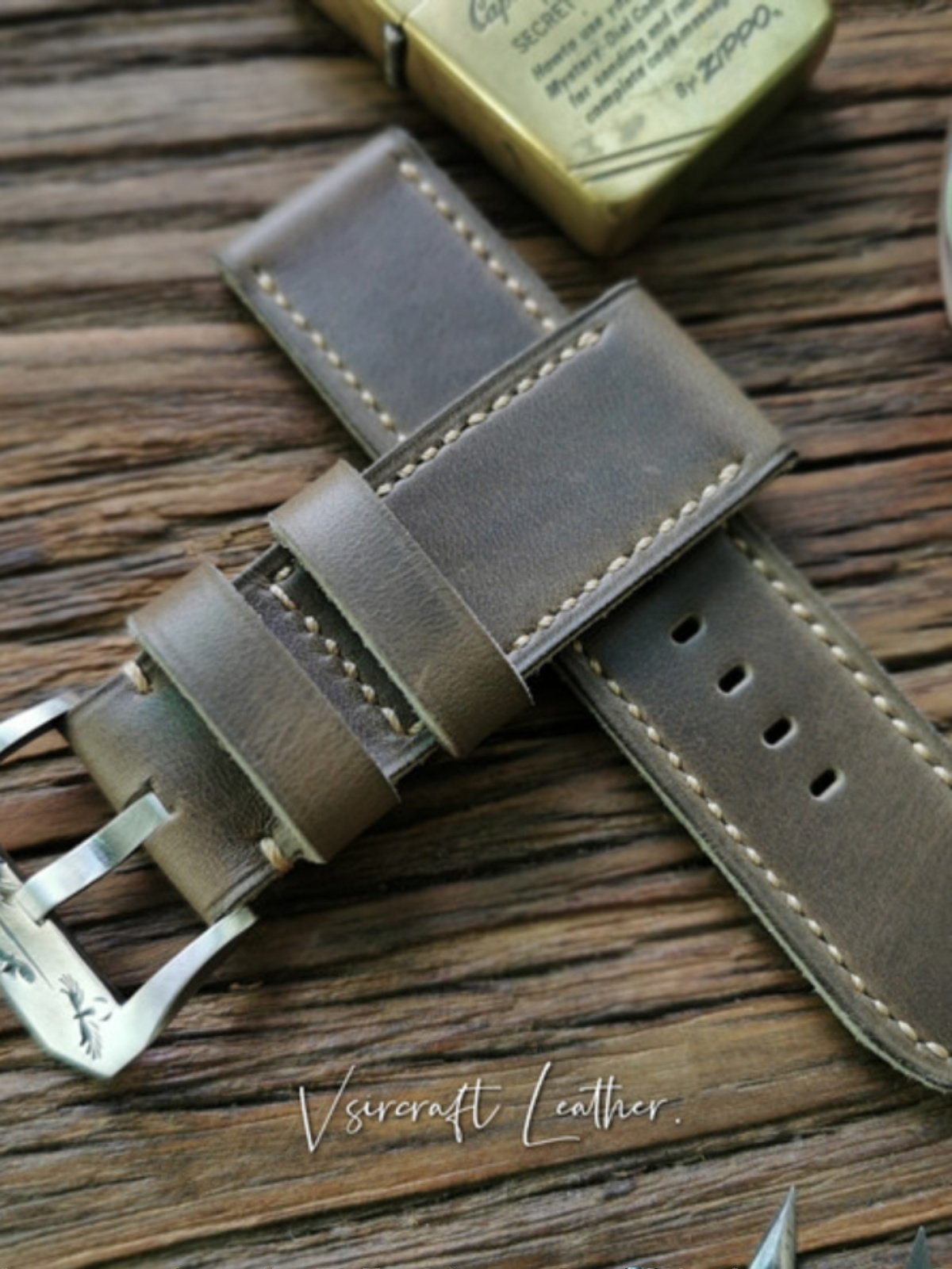 Handmade Custom American Vintage Olive Brown Thickened Cowhide Watch Strap - Soft, Durable, Pin Buckle, Cowhide Care