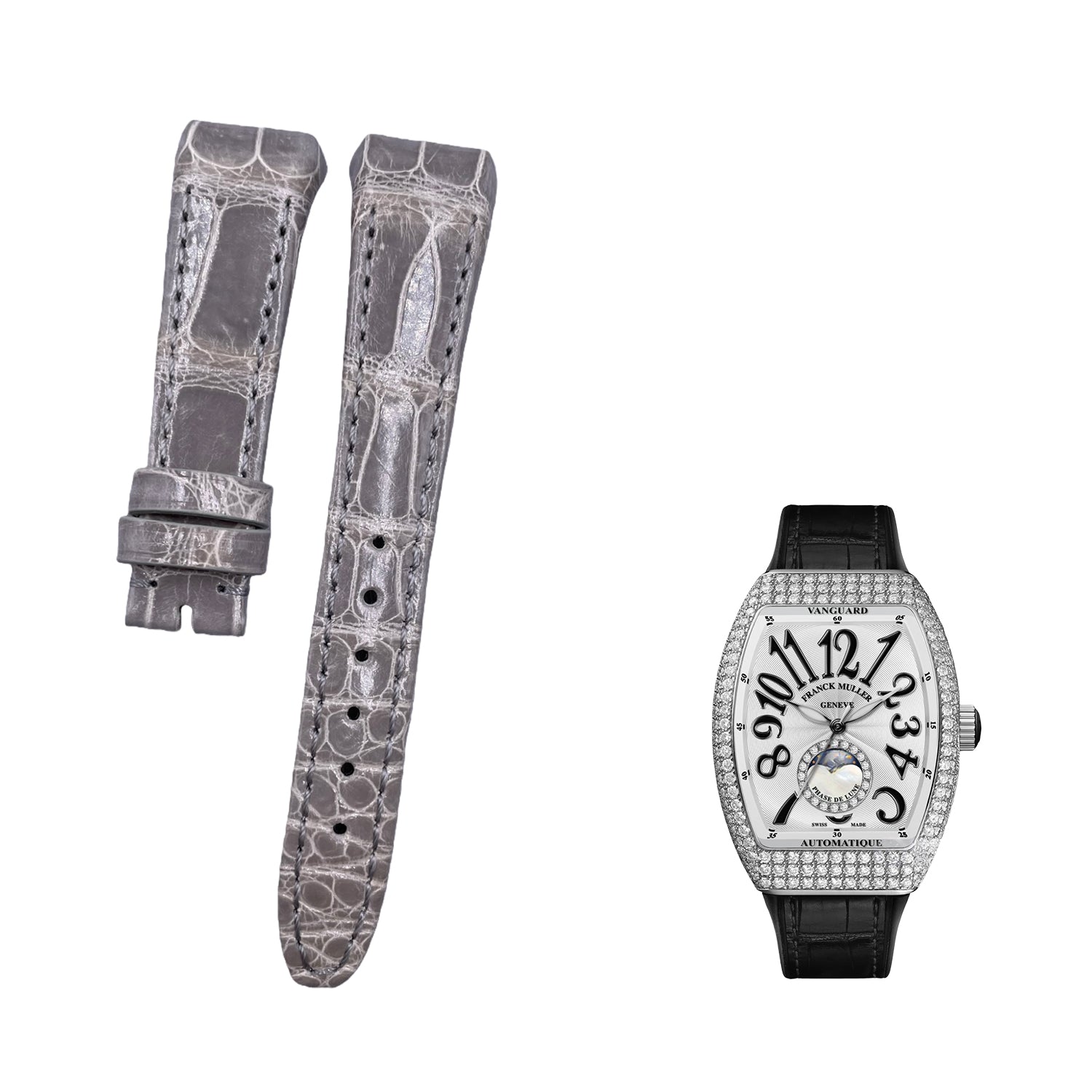 Fits Franck Muller V32 Glossy Gray ALLIGATOR Handmade Custom Genuine Leather Watch Strap with End Grain