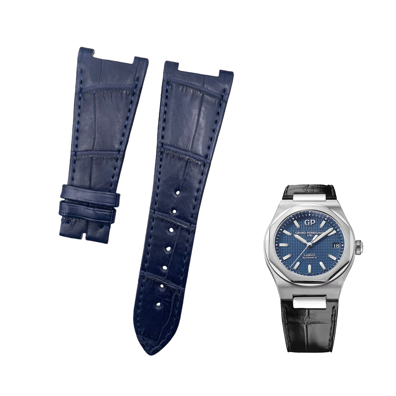 Handcrafted Custom Black & Blue ALLIGATOR Leather Strap for Girard-Perregaux Laureato Series 81010/81020