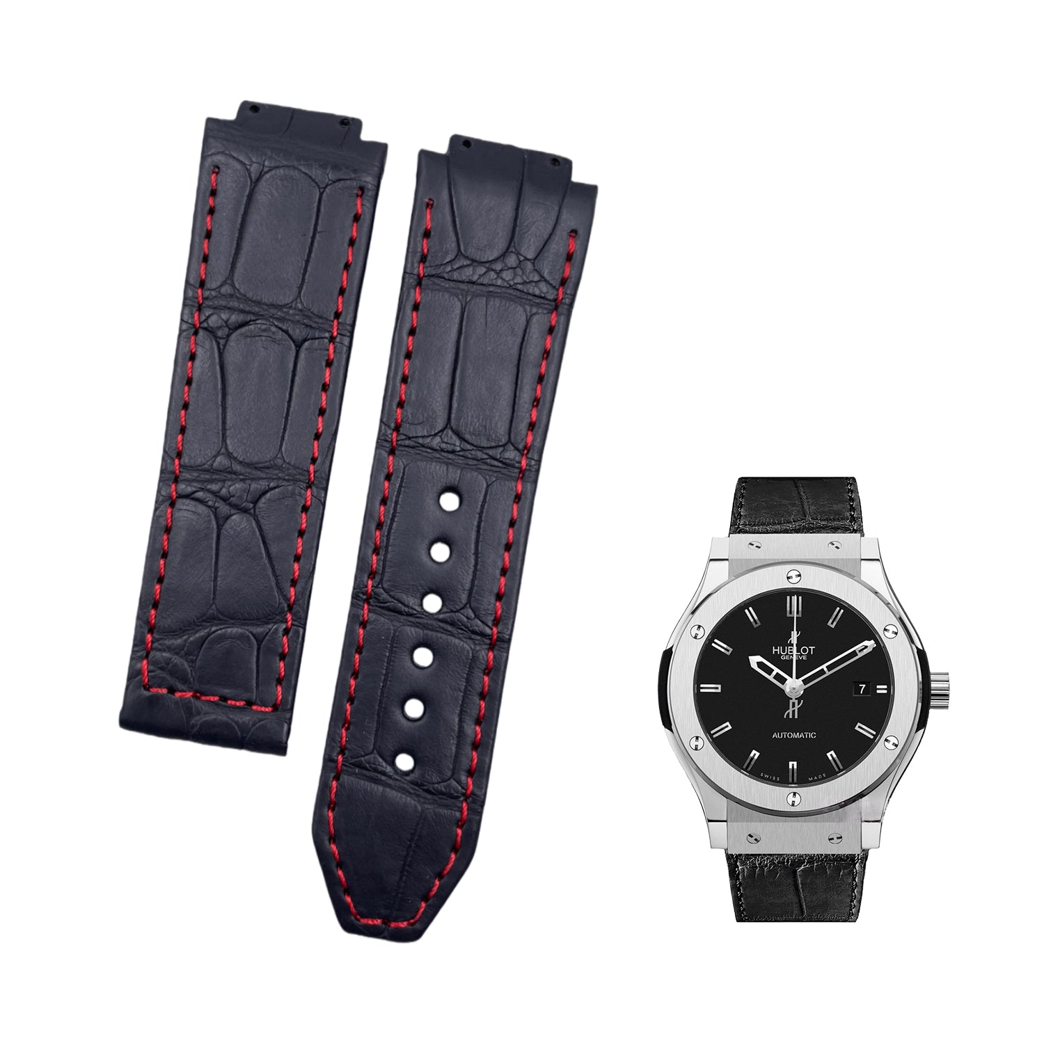 Compatible with Hublot Classic Fusion Red Line Black Double-sided ALLIGATOR Strap