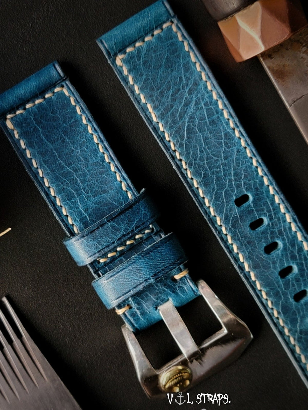 Handcrafted Italian Cracked Leather Watch Strap - Thickened Blue Version, Original Factory-Fitted