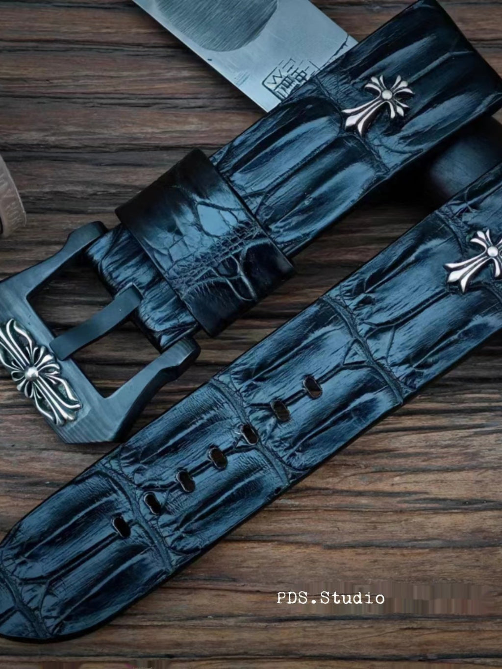 Handcrafted Custom Crocodile Bone Leather Watch Strap - Vintage Raised Inlay with Black, Waterproof & Sweat-Resistant
