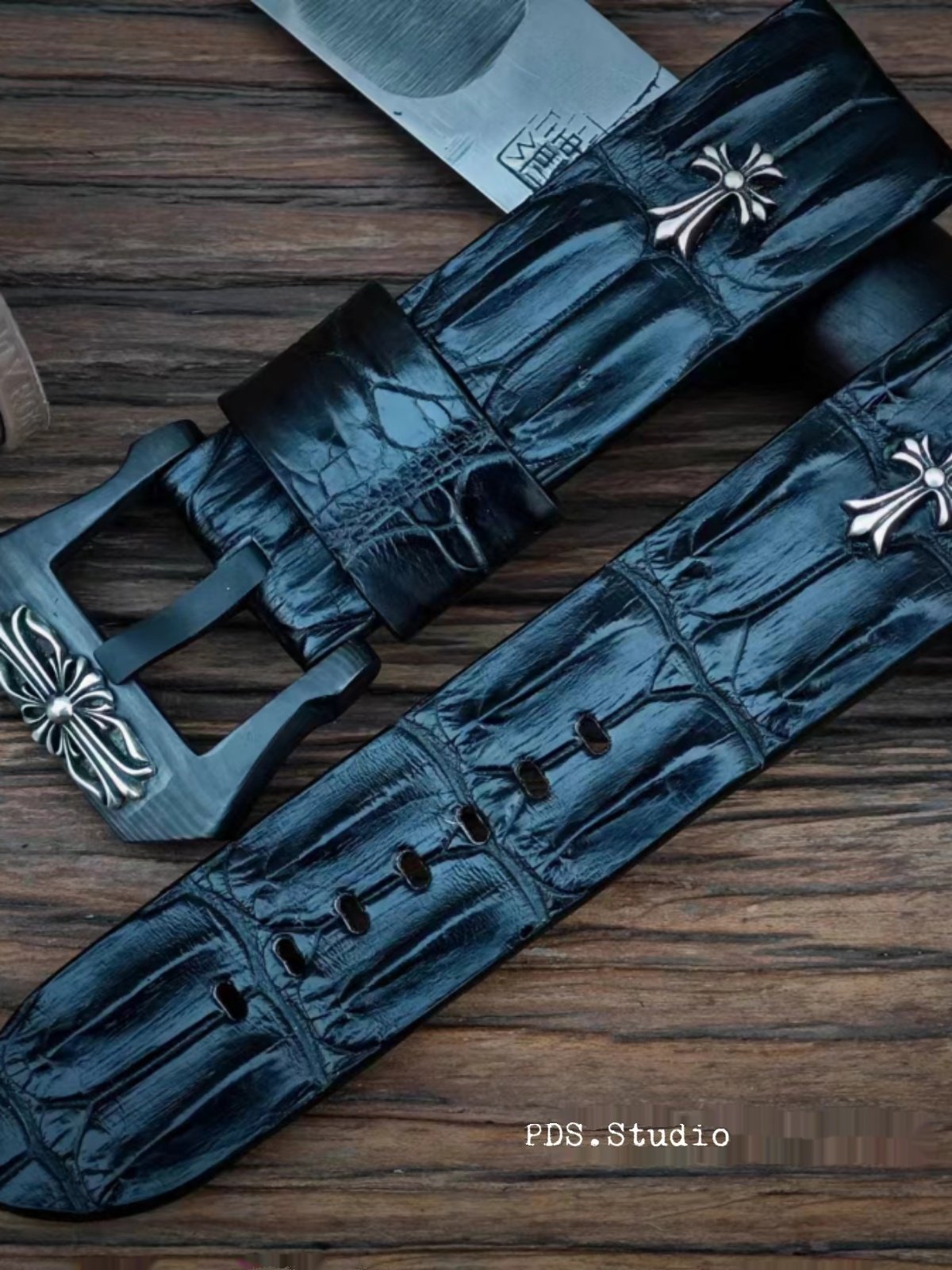 Handcrafted Custom Crocodile Bone Leather Watch Strap - Vintage Raised Inlay with Black, Waterproof & Sweat-Resistant