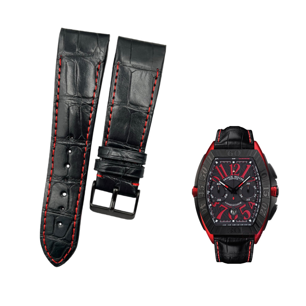Fits Franck Muller 8880 9990 Black ALLIGATOR Watch Strap with Red Line Handmade Custom Genuine Leather Strap End and Grain