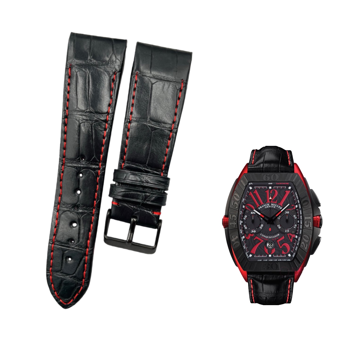 Fits Franck Muller 8880 9990 Black ALLIGATOR Watch Strap with Red Line Handmade Custom Genuine Leather Strap End and Grain