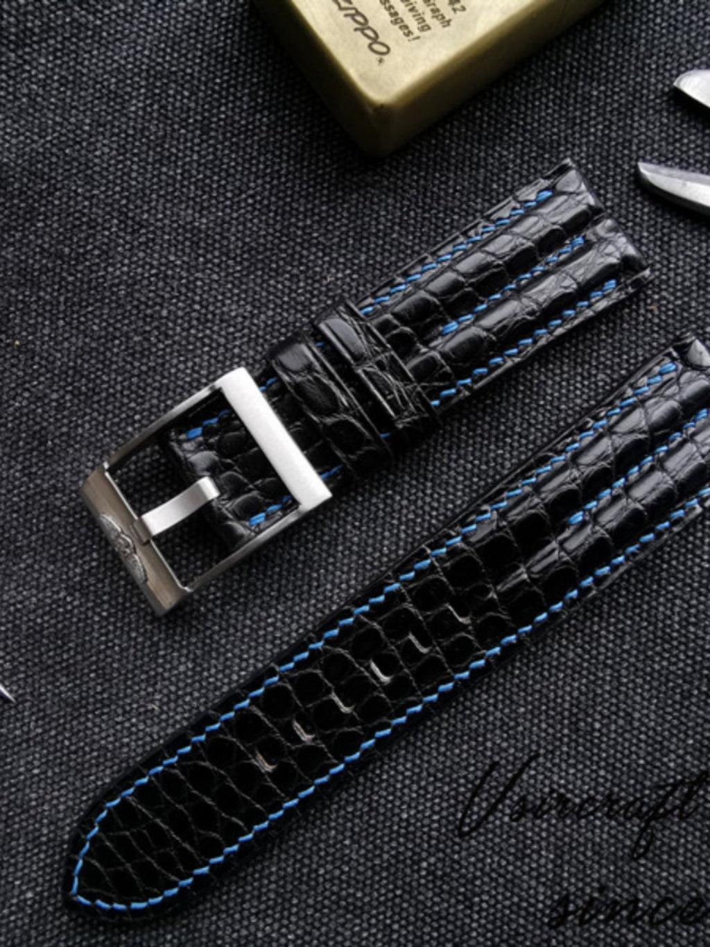 Handcrafted Custom Watch Strap - Double-Sided American Alligator Leather, Black, Waterproof & Sweat-Resistant, Soft Texture, Double-Strand Pin Buckle