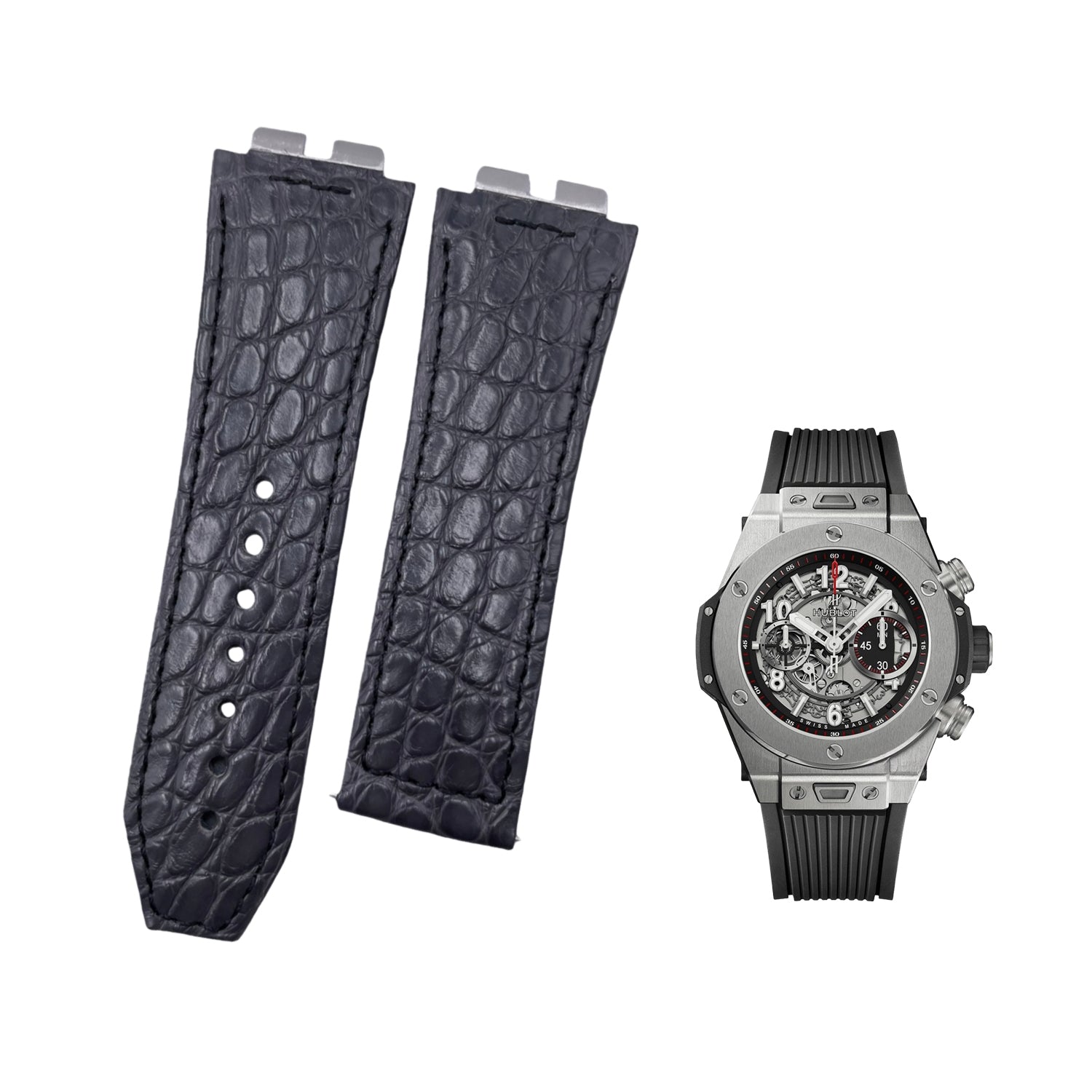 Compatible with Hublot Big Bang 411 Round Pattern ALLIGATOR Strap Handmade Custom Genuine Leather Folding Strap