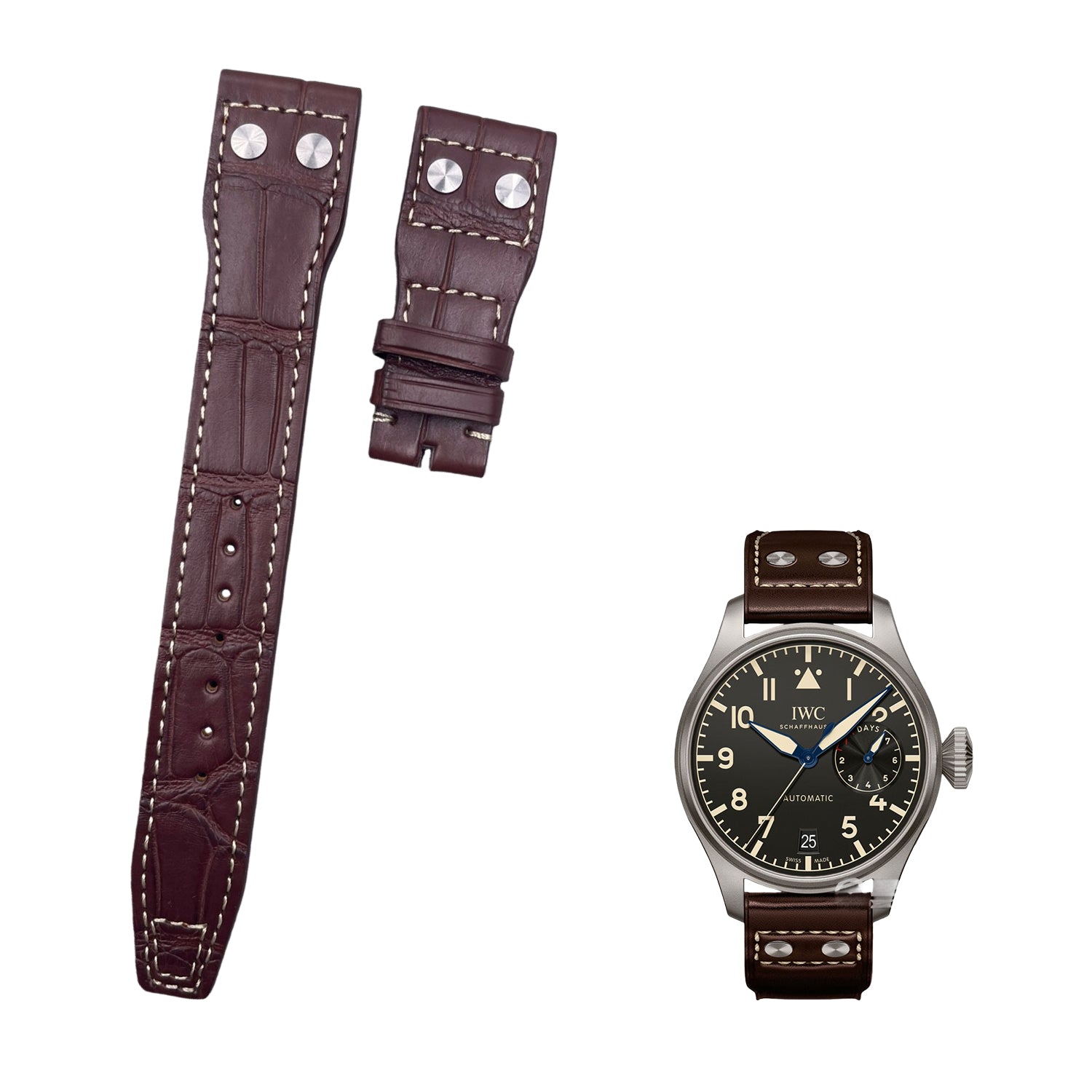 Handcrafted Custom ALLIGATOR Strap for IWC Big Top Gun "Little Prince" Mark Series - IW501004 Brown Riveted
