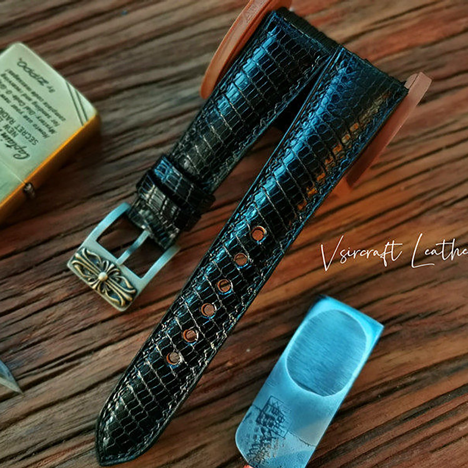 Handmade Custom Spanish Gilt Lizard Skin Watch Strap - Waterproof & Sweatproof, Black & Blue Pin Buckle