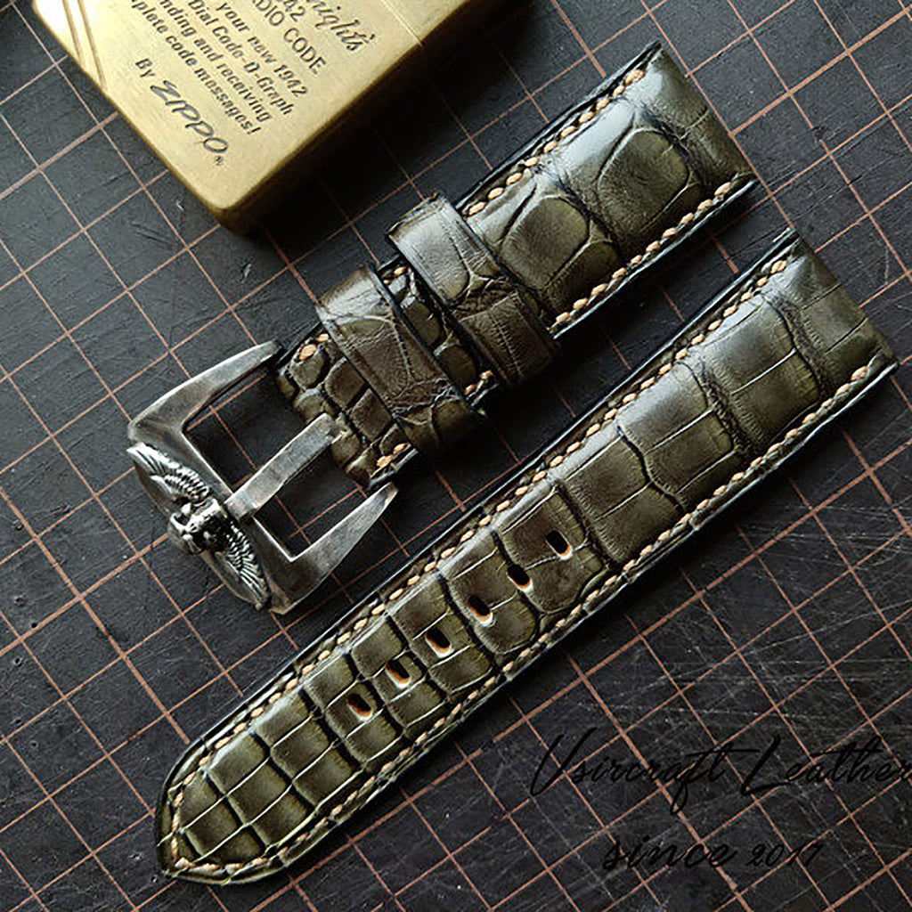 Handmade Custom American Crocodile Leather Watch Strap - Cracked Texture, Satin Finish, Black & Forest Green, Pin Buckle, Sweat-Resistant