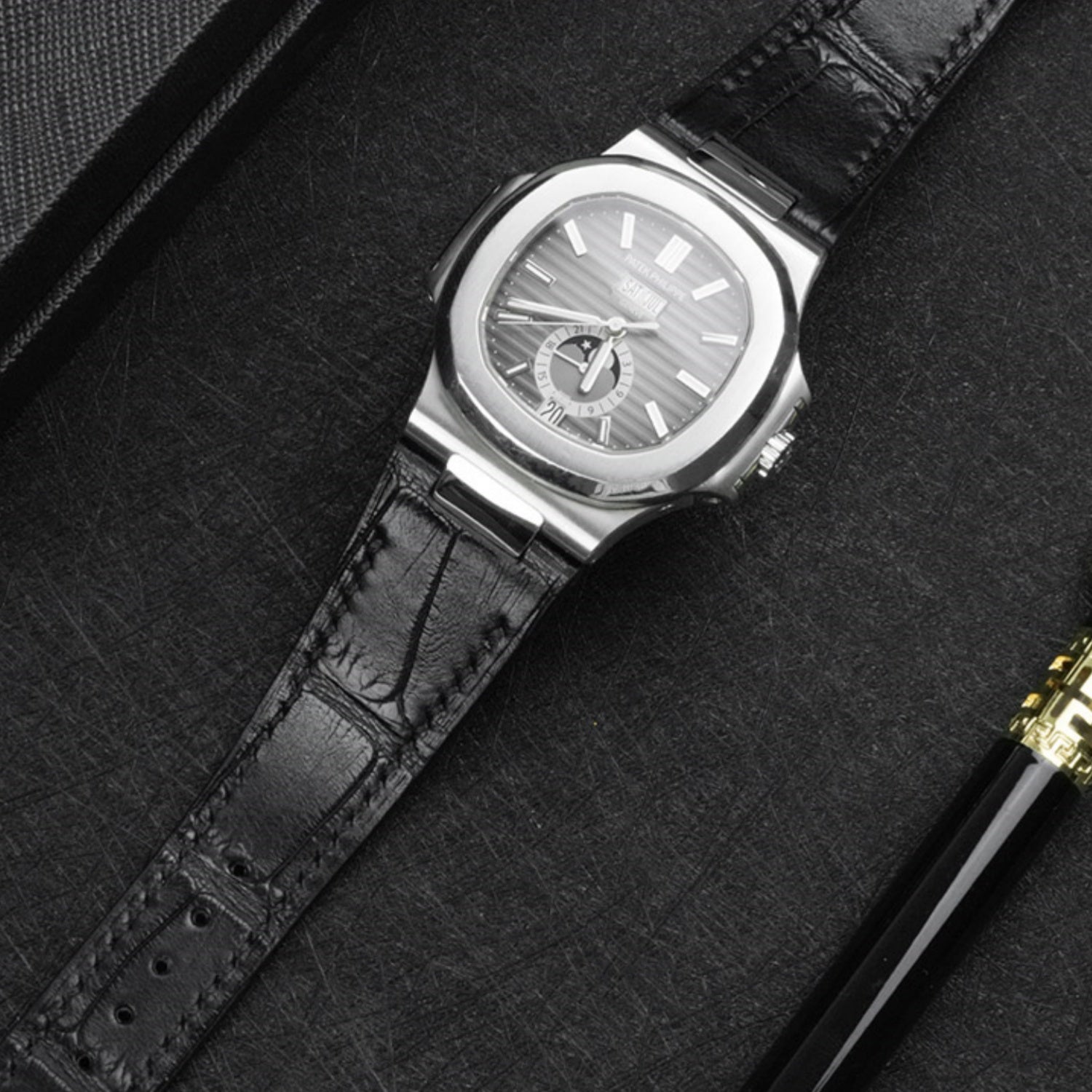Fits Patek Philippe Nautilus ALLIGATOR leather watch strap + buckle