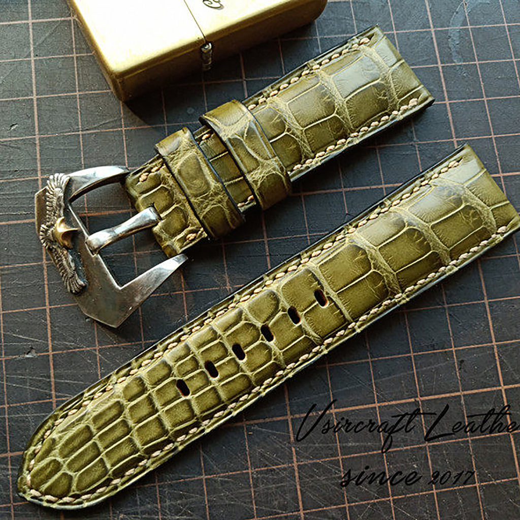 Handmade Custom American Crocodile Leather Watch Strap - Cracked Texture, Satin Finish, Black & Forest Green, Pin Buckle, Sweat-Resistant