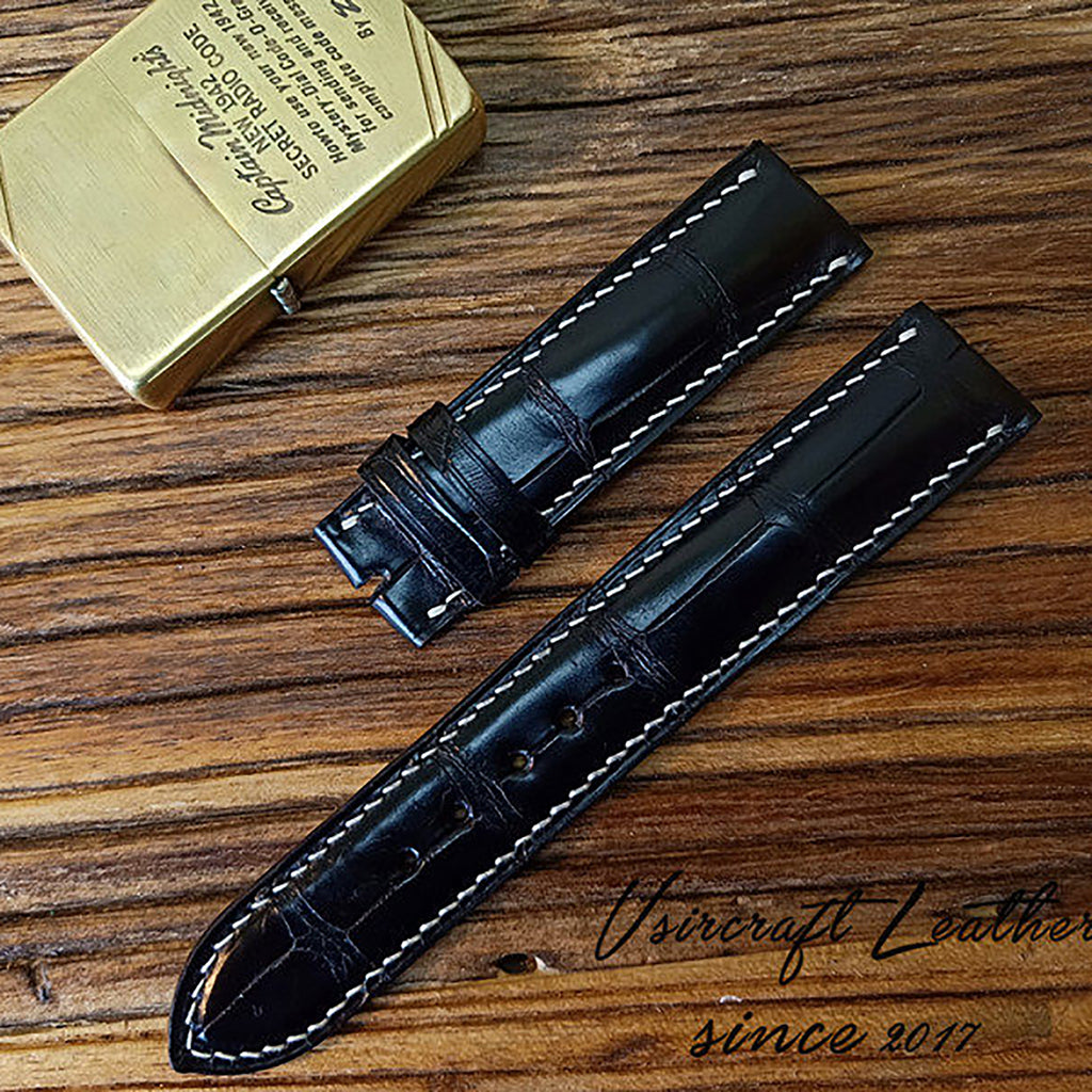 Handmade American Alligator Leather Watch Strap - Customized, Medium Gloss, Black & Brown, Pin Buckle, Sweat-Resistant