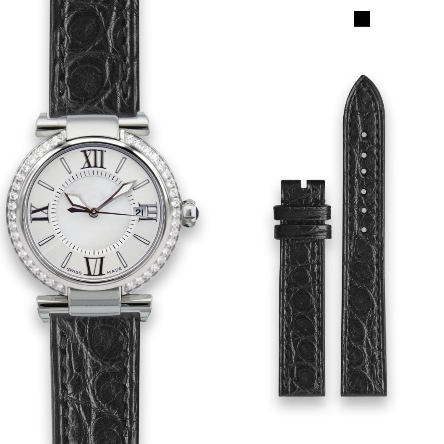 Fits Chopard Imperiale watch strap, black ALLIGATOR leather with circular grain