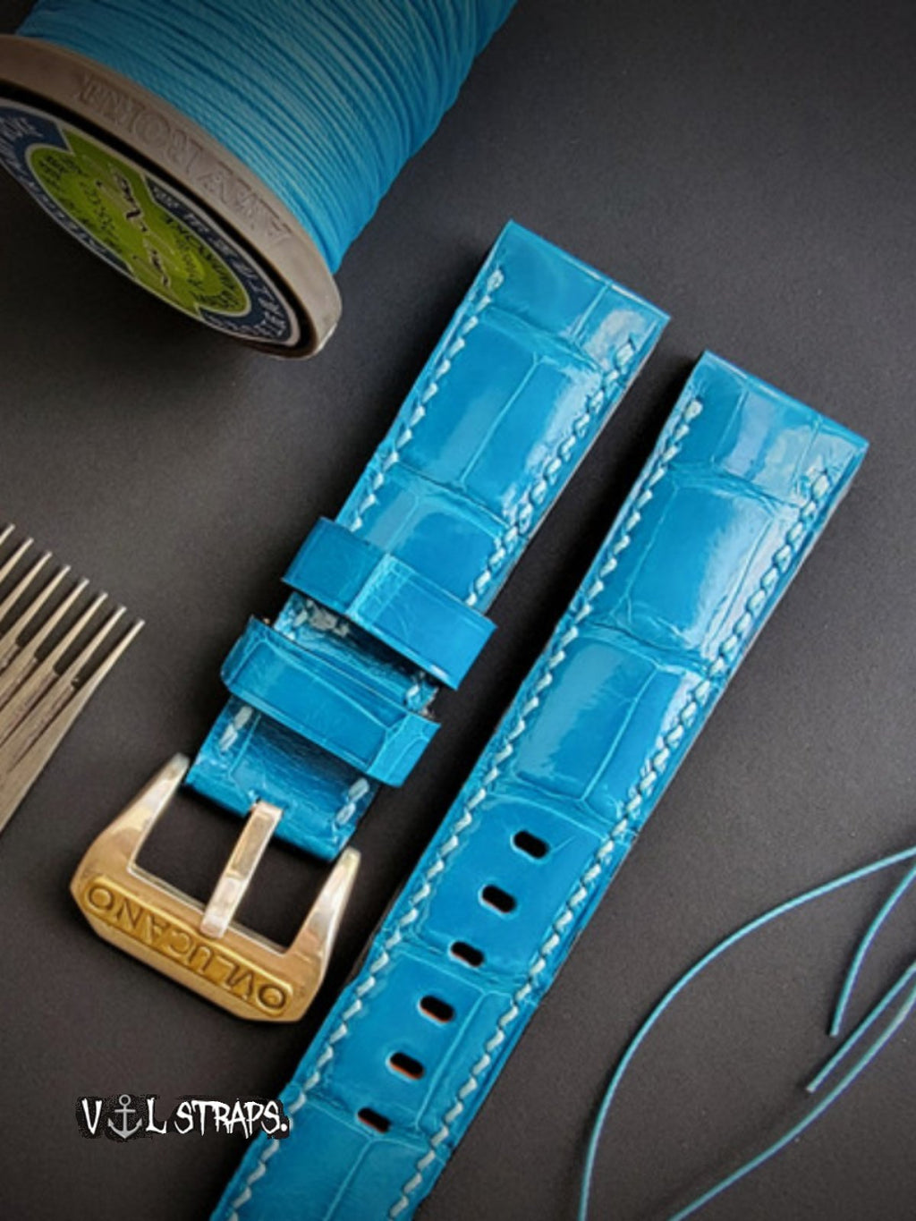 Handmade High-Gloss American Crocodile Leather Watch Strap - Custom Milk White Color, Waterproof, Thickened & Soft - Original Blue