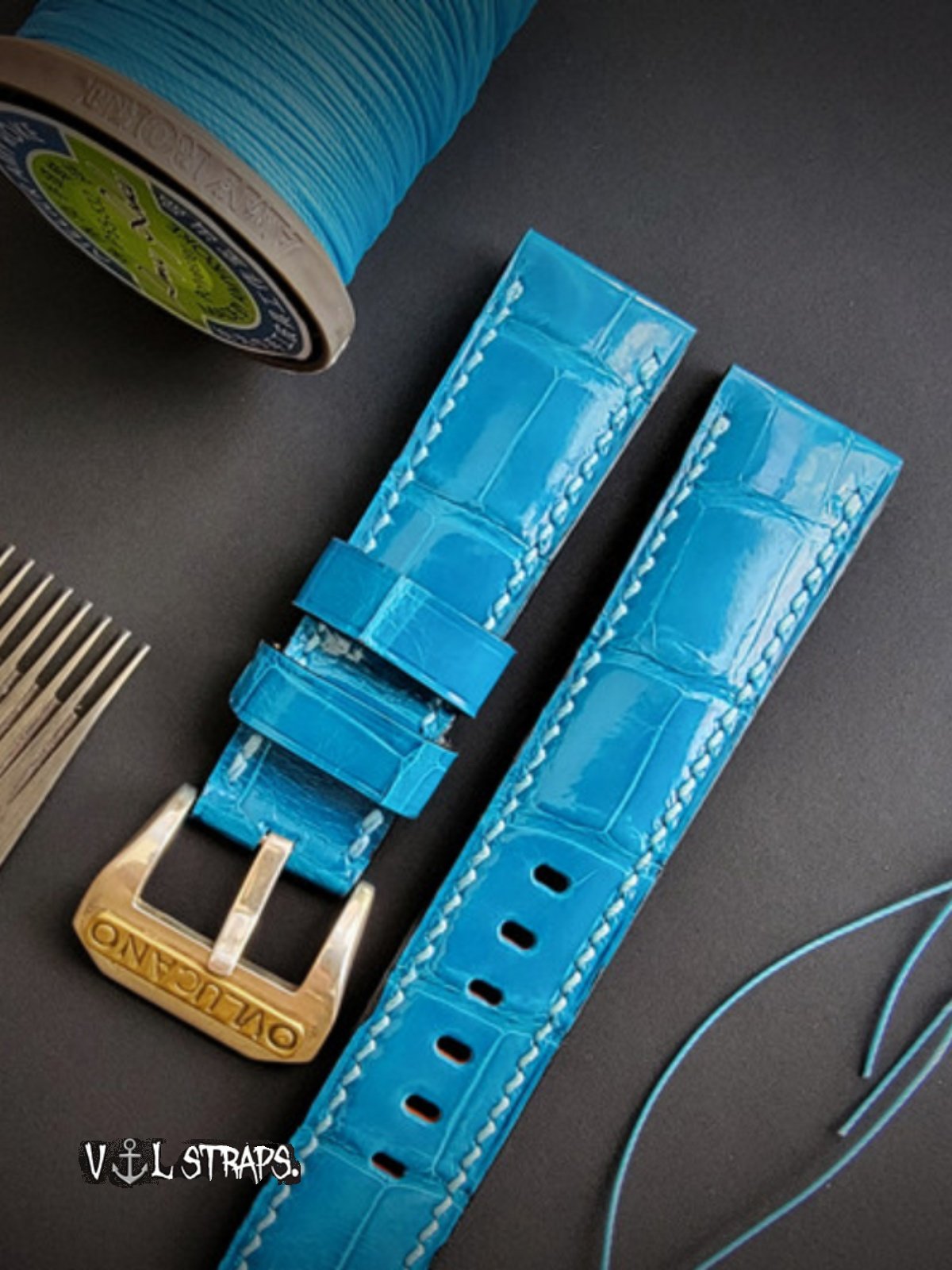Handmade High-Gloss American Crocodile Leather Watch Strap - Custom Milk White Color, Waterproof, Thickened & Soft - Original Blue