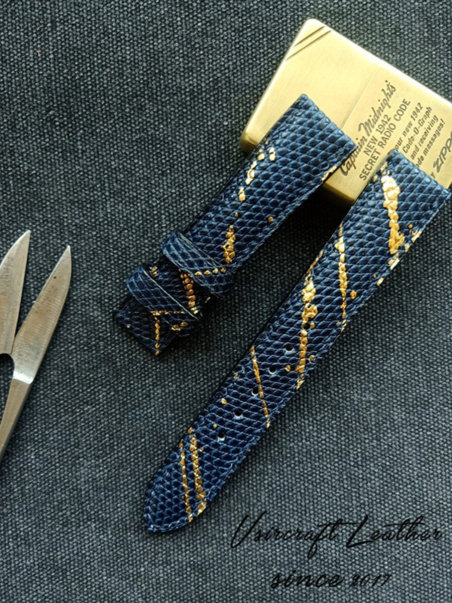 Handmade Custom Spanish Gilt Lizard Skin Watch Strap - Waterproof & Sweatproof, Black & Blue Pin Buckle