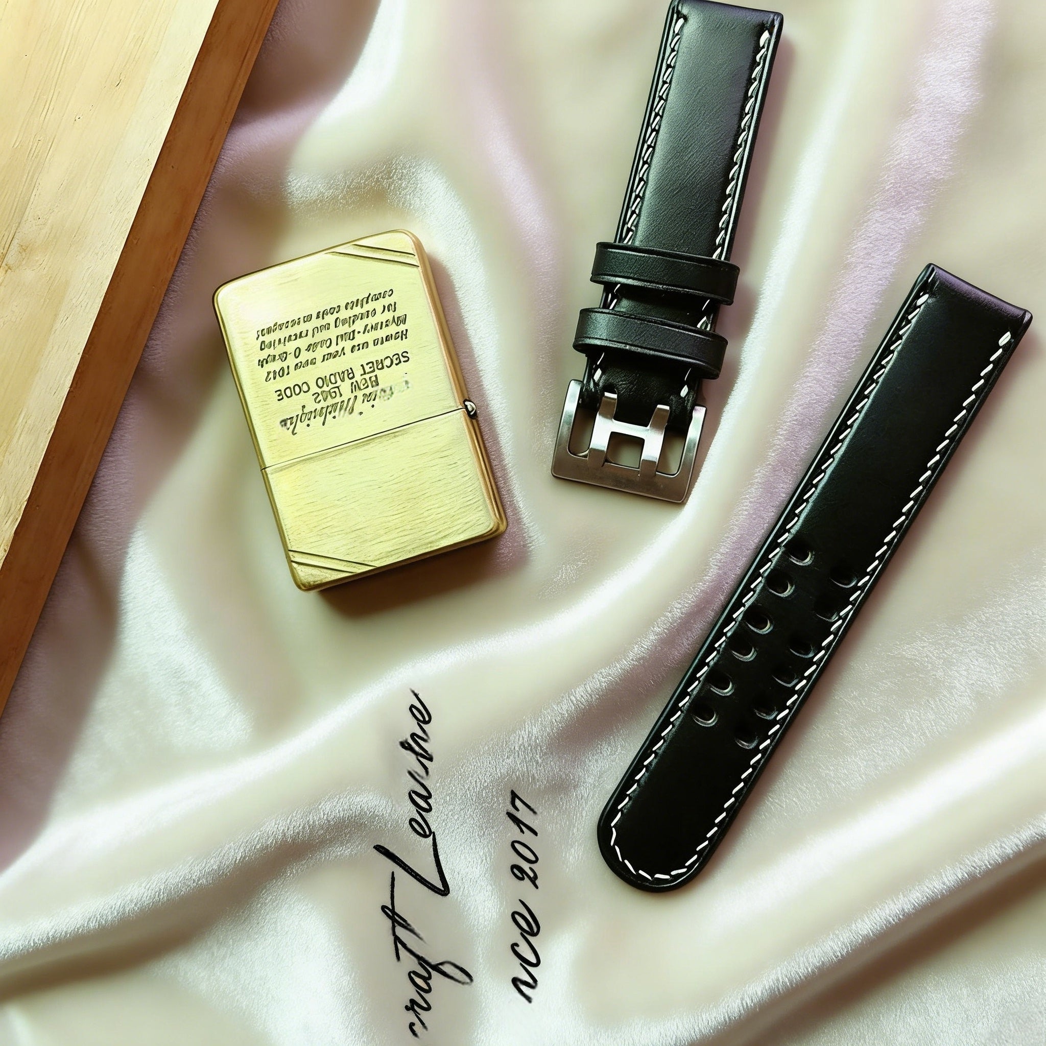 Handmade Custom Italian Black Cowhide Watch Strap, Double Needle & Double Hole Design, Soft and Durable, with Pin Buckle