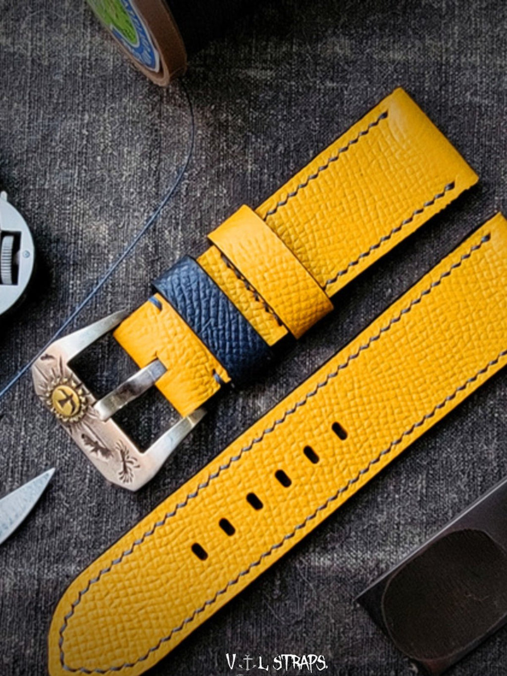 Handcrafted Custom French Calfskin Watch Strap, Color-Blocked & Contrast Design, Sweat-Resistant, Waterproof, Soft Texture with Pin Buckle