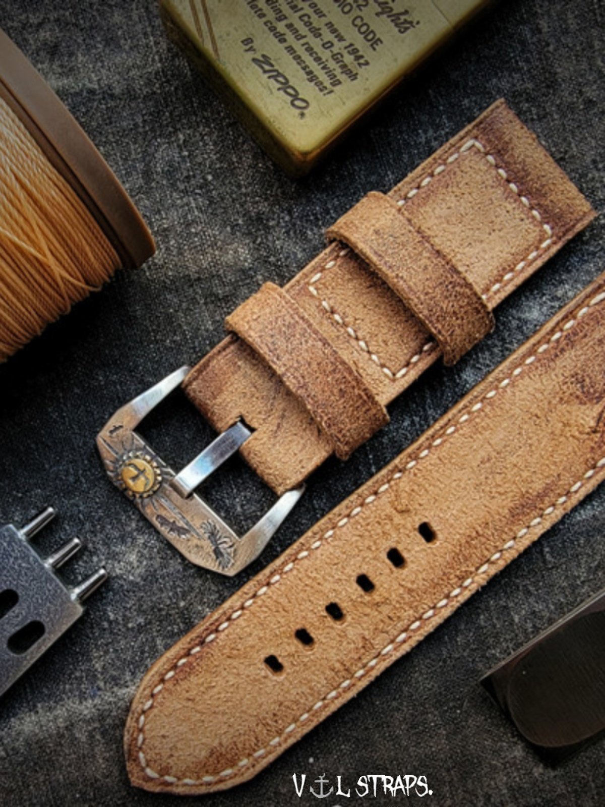 Handmade Watch Strap Customization - British Oil-Waxed Full-Grain Leather, Desert Tan-Green Vintage Pilot Pin-Buckle Strap