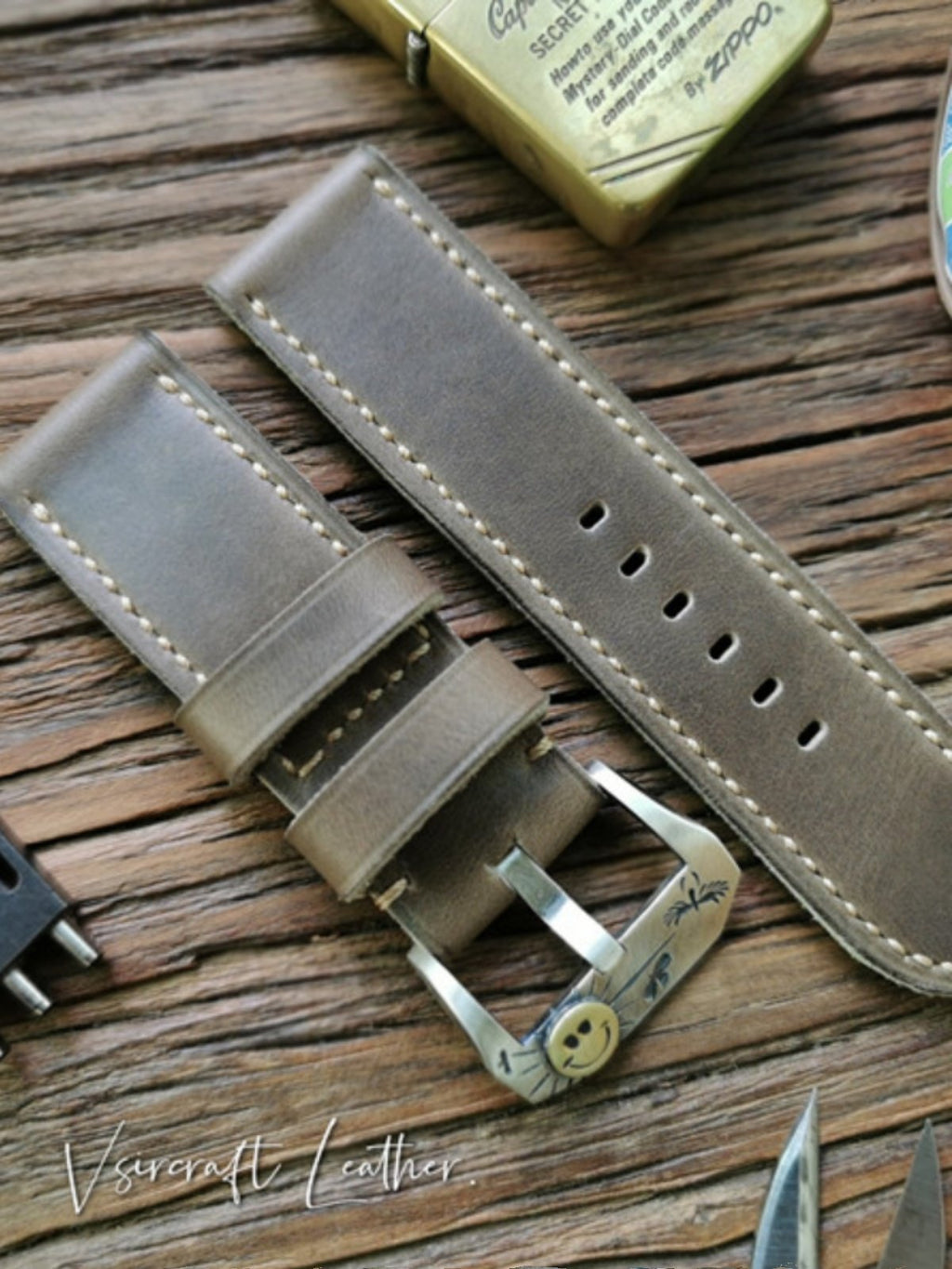 Handmade Custom American Vintage Olive Brown Thickened Cowhide Watch Strap - Soft, Durable, Pin Buckle, Cowhide Care