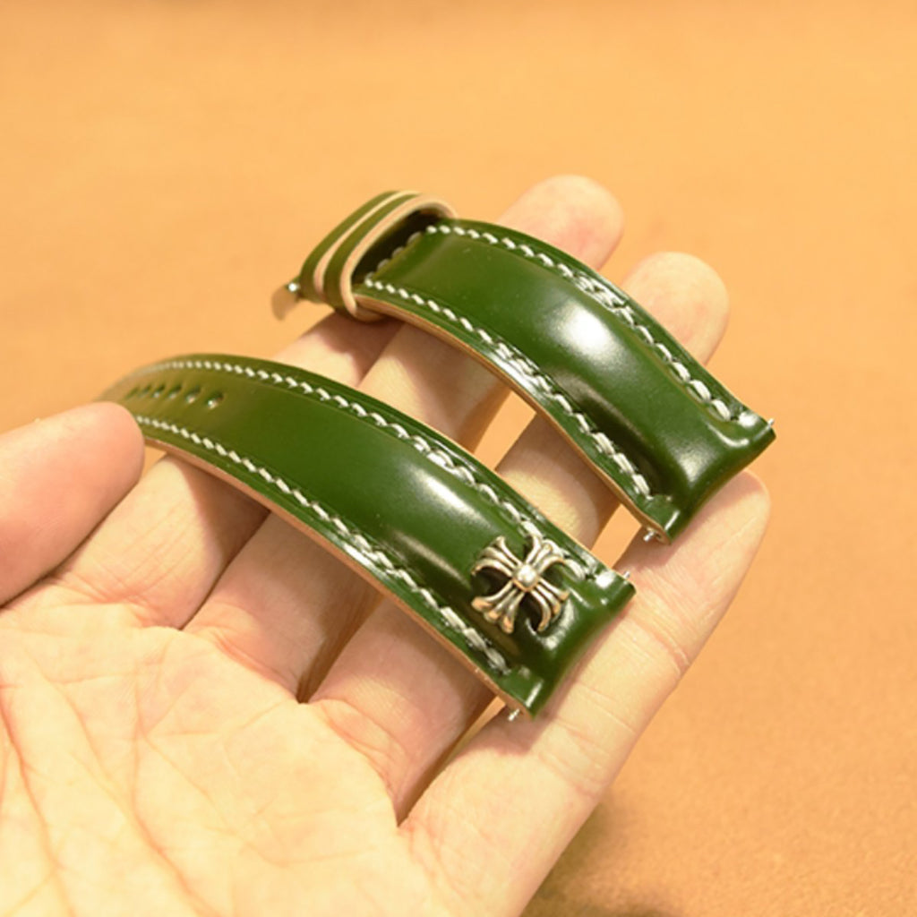 Handmade Custom Green Horsehide Leather Watch Strap with 925 Silver Studs - Vintage & Premium Style for "Green Water Ghost" Watch