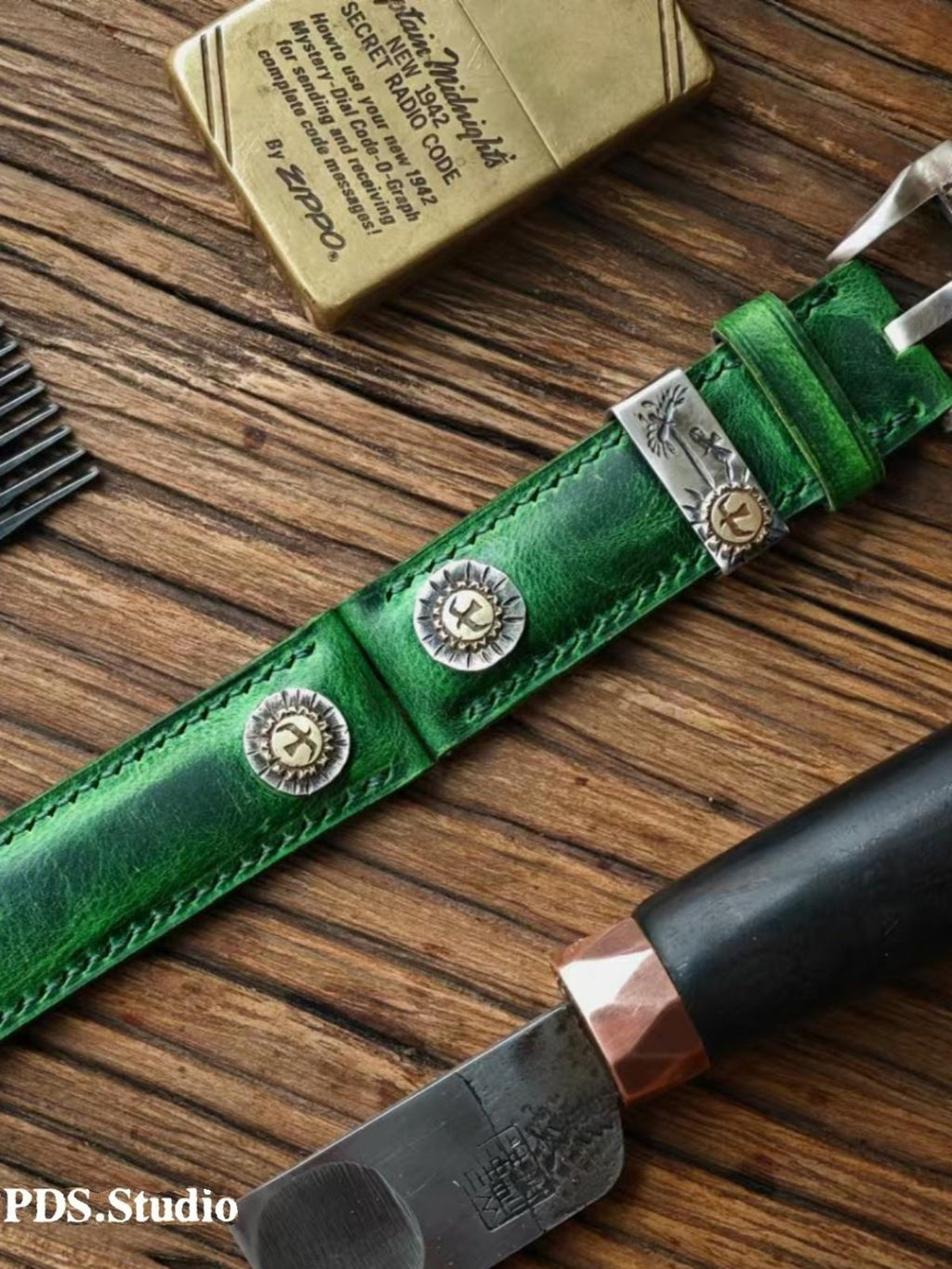 Handmade Custom Kudu Leather Watch Strap - Vintage Green, American Raised Texture, Pin Buckle, Extended Length