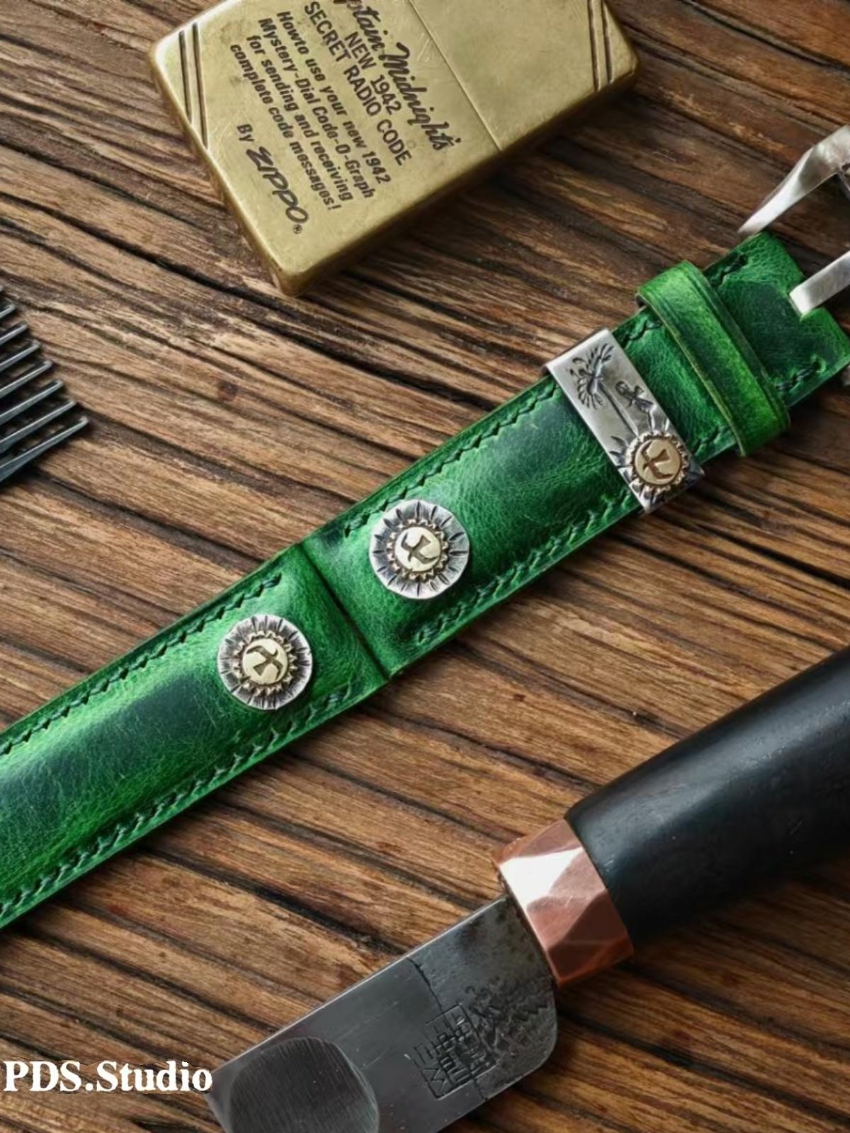 Handmade Custom Kudu Leather Watch Strap - Vintage Green, American Raised Texture, Pin Buckle, Extended Length
