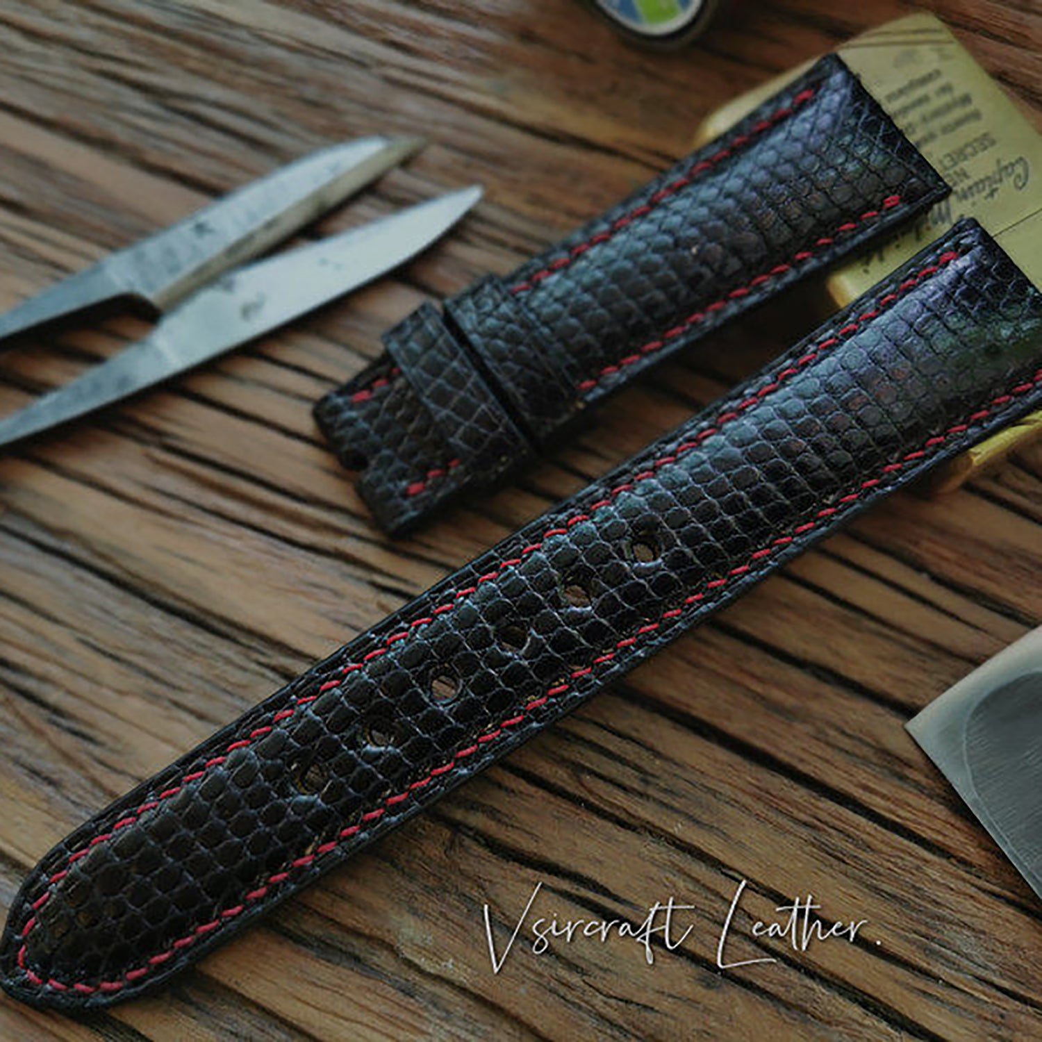 Handmade Custom Spanish Gilt Lizard Skin Watch Strap - Waterproof & Sweatproof, Black & Blue Pin Buckle