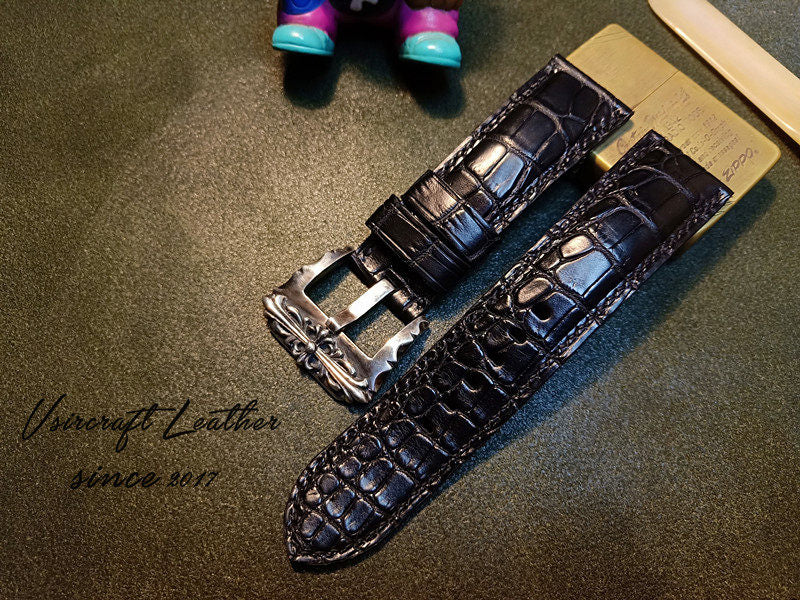 Handmade Custom American Crocodile Leather Watch Strap - Cracked Texture, Satin Finish, Black & Forest Green, Pin Buckle, Sweat-Resistant
