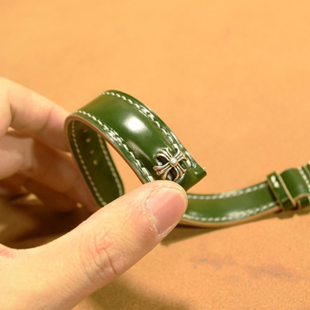 Handmade Custom Green Horsehide Leather Watch Strap with 925 Silver Studs - Vintage & Premium Style for "Green Water Ghost" Watch