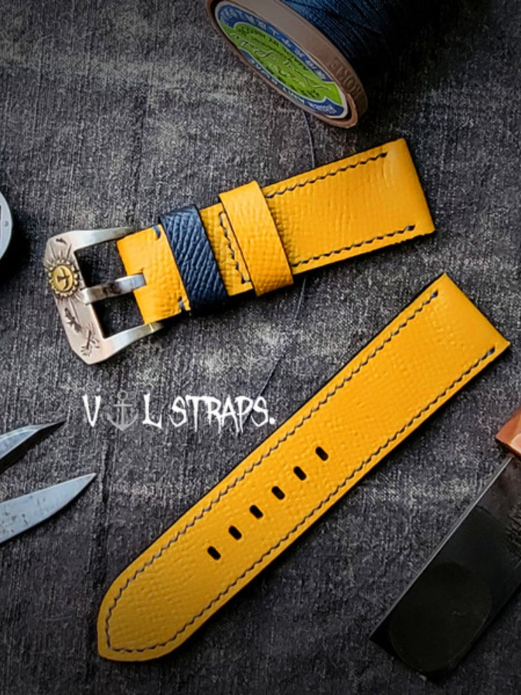 Handcrafted Custom French Calfskin Watch Strap, Color-Blocked & Contrast Design, Sweat-Resistant, Waterproof, Soft Texture with Pin Buckle