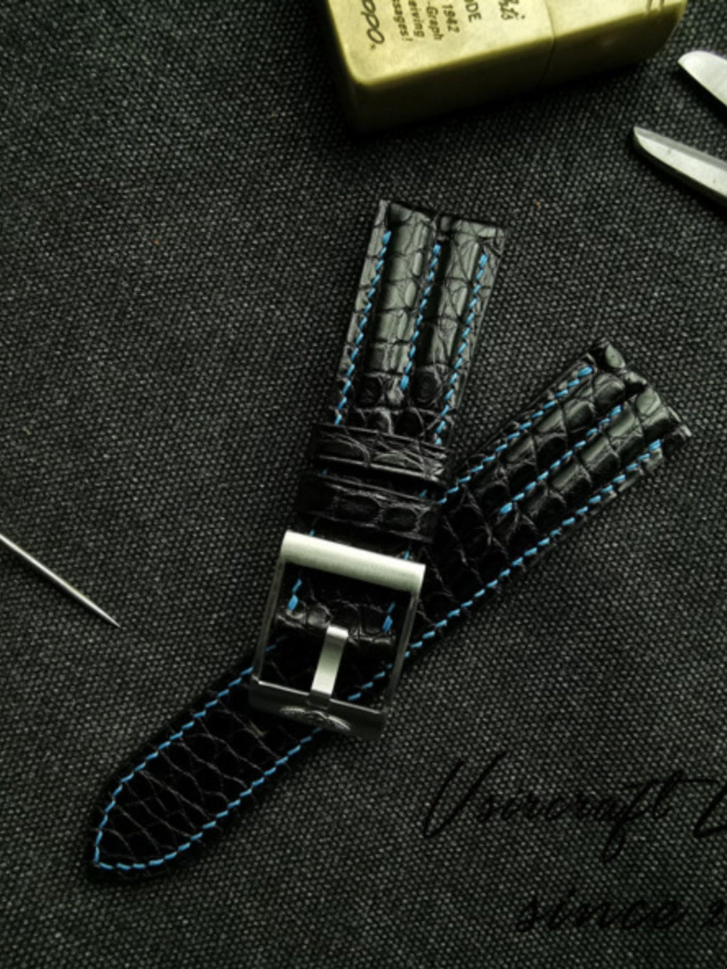 Handcrafted Custom Watch Strap - Double-Sided American Alligator Leather, Black, Waterproof & Sweat-Resistant, Soft Texture, Double-Strand Pin Buckle