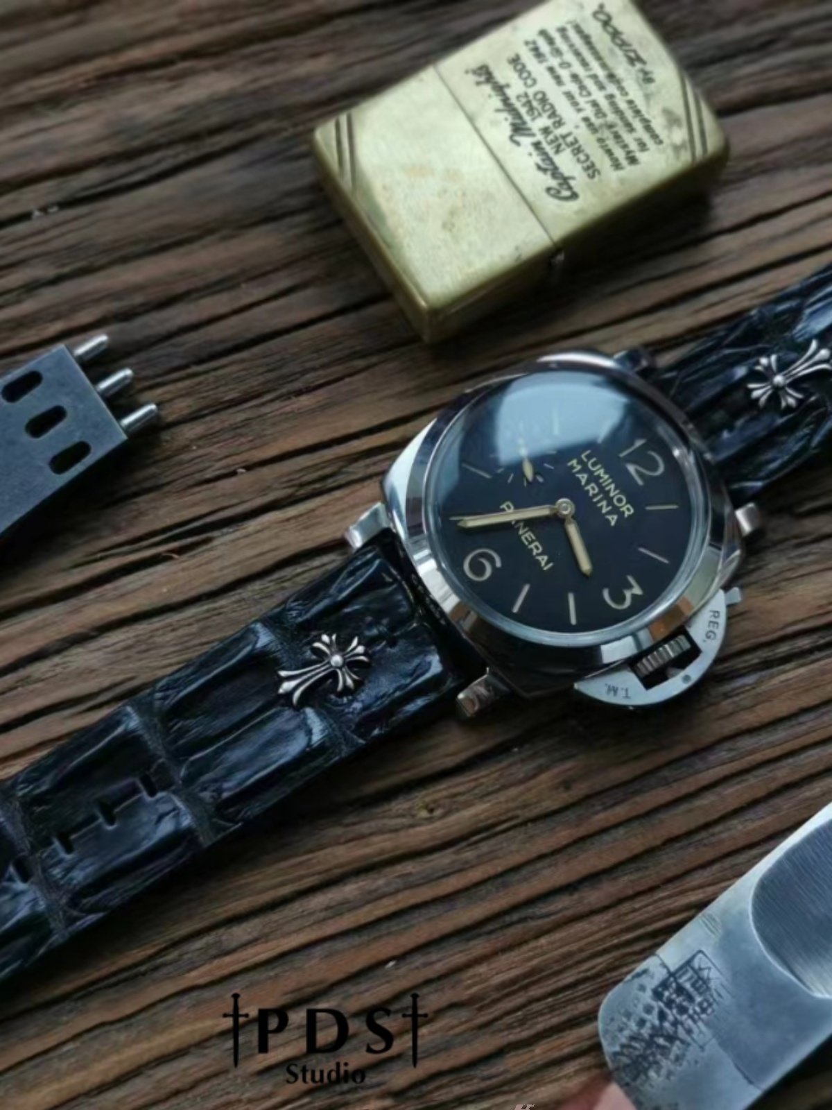 Handcrafted Custom Crocodile Bone Leather Watch Strap - Vintage Raised Inlay with Black, Waterproof & Sweat-Resistant