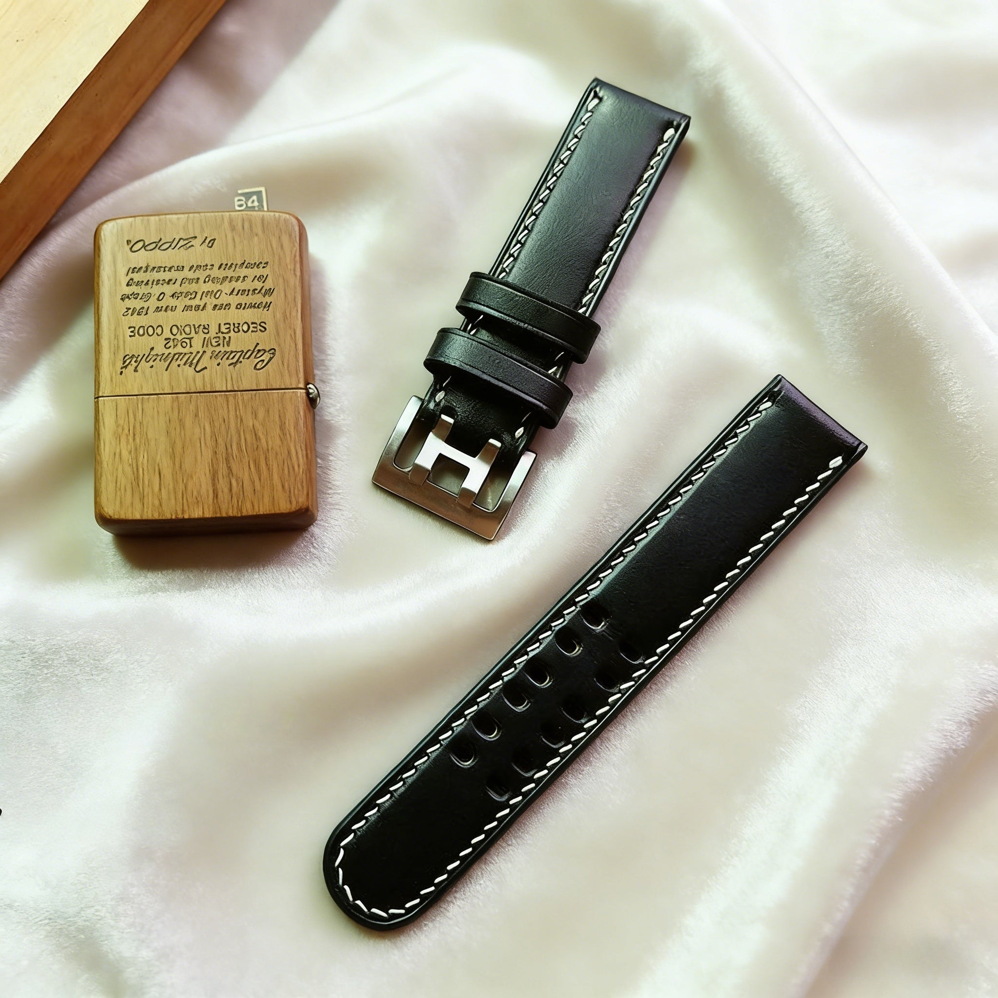 Handmade Custom Italian Black Cowhide Watch Strap, Double Needle & Double Hole Design, Soft and Durable, with Pin Buckle