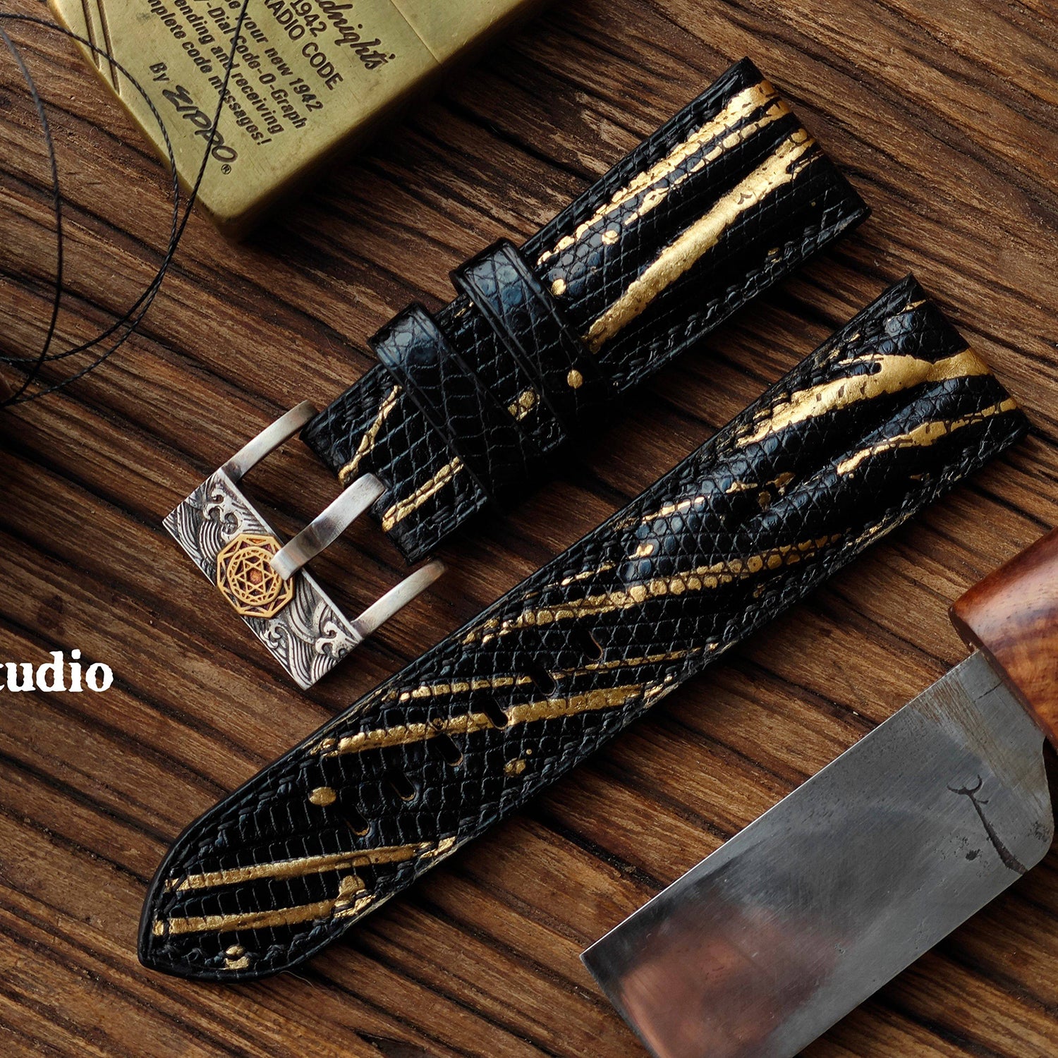 Handmade Custom Spanish Gilt Lizard Skin Watch Strap - Waterproof, Sweat-Resistant, Raised Texture, Black Pin Buckle