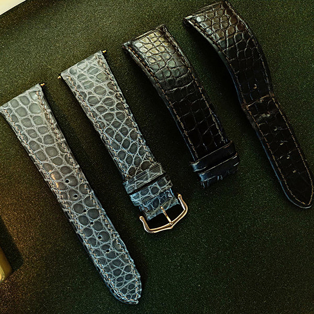 Handmade Custom American Crocodile Leather Watch Strap - Cracked Texture, Satin Finish, Black & Forest Green, Pin Buckle, Sweat-Resistant
