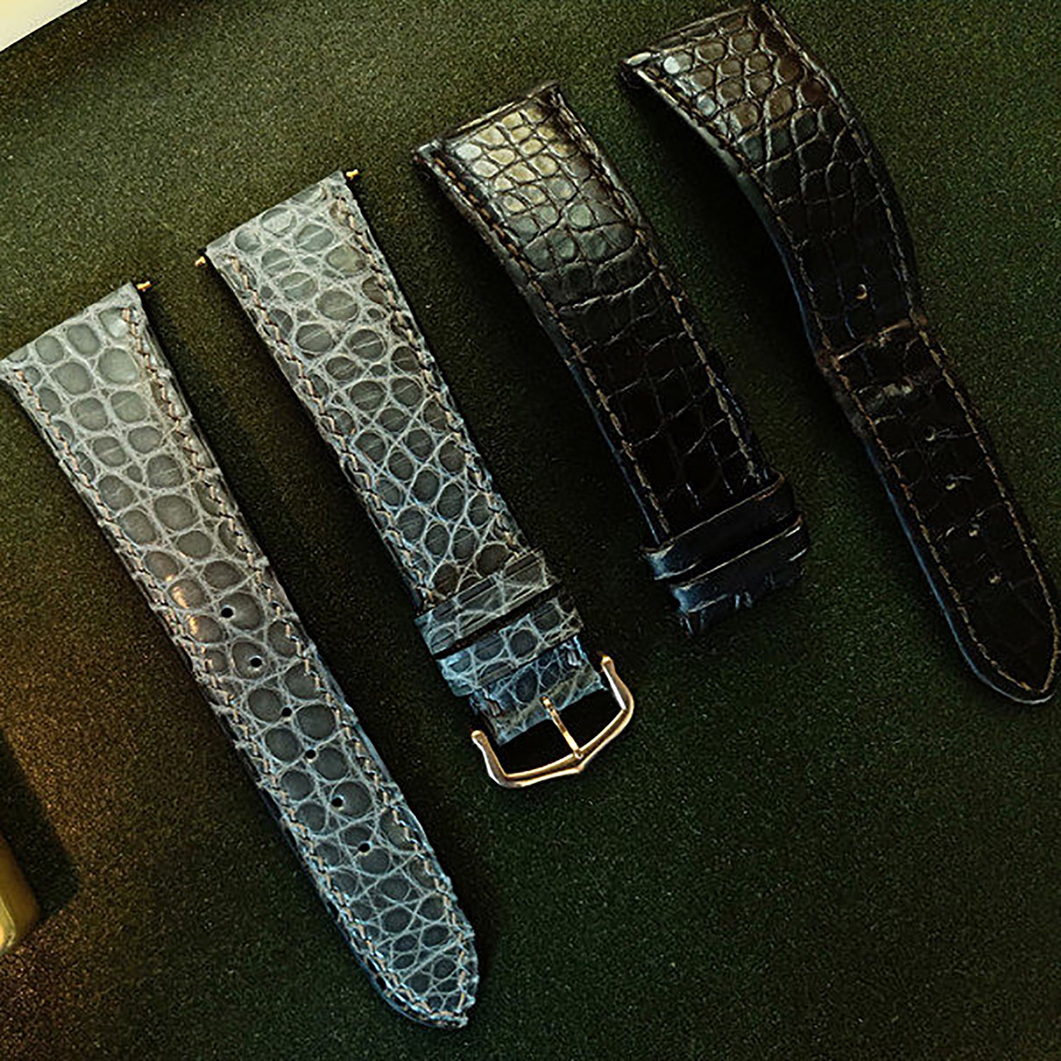 Handmade Custom American Crocodile Leather Watch Strap - Cracked Texture, Satin Finish, Black & Forest Green, Pin Buckle, Sweat-Resistant