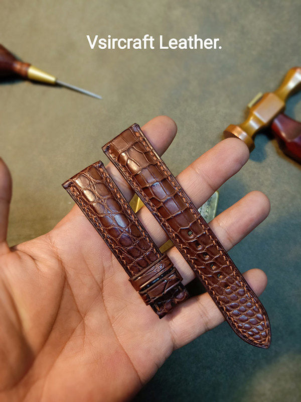 Handmade Custom American Crocodile Leather Watch Strap - Cracked Texture, Satin Finish, Black & Forest Green, Pin Buckle, Sweat-Resistant